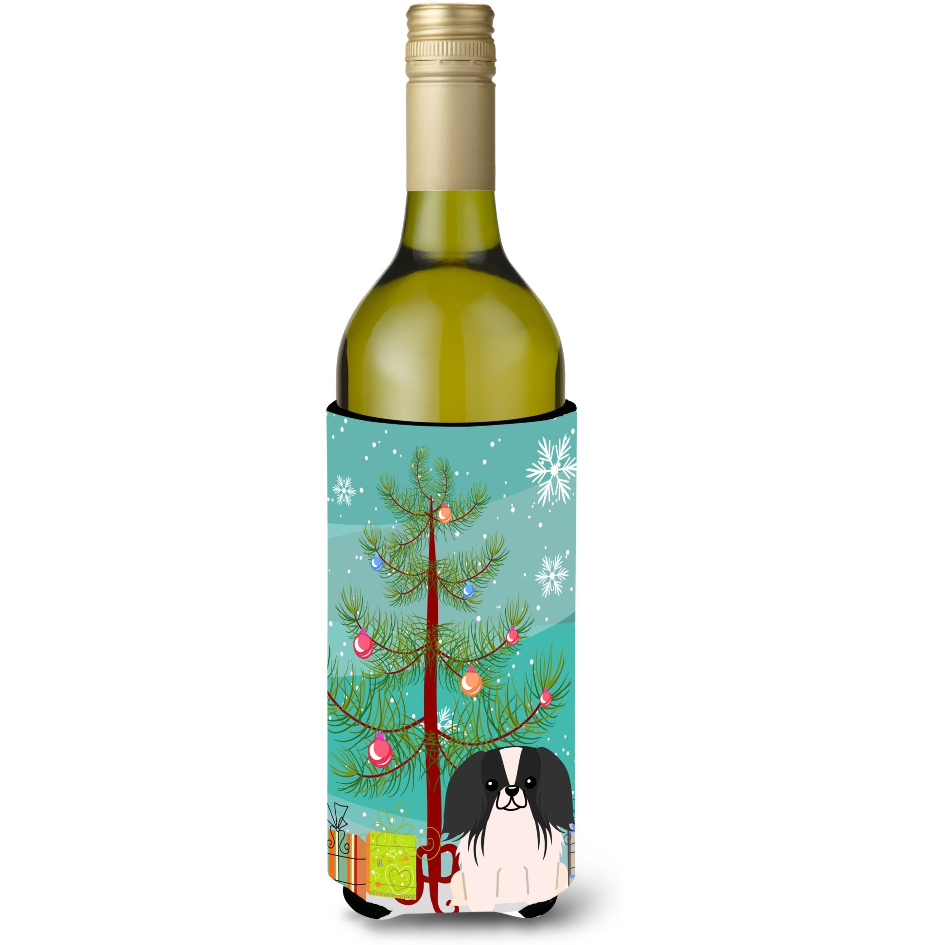 &quotCaroline's Treasures BB4230LITERK Merry Christmas Tree Pekingese Black White Wine Bottle Beverage Insulator Hugger, 750ml, Multicolor"