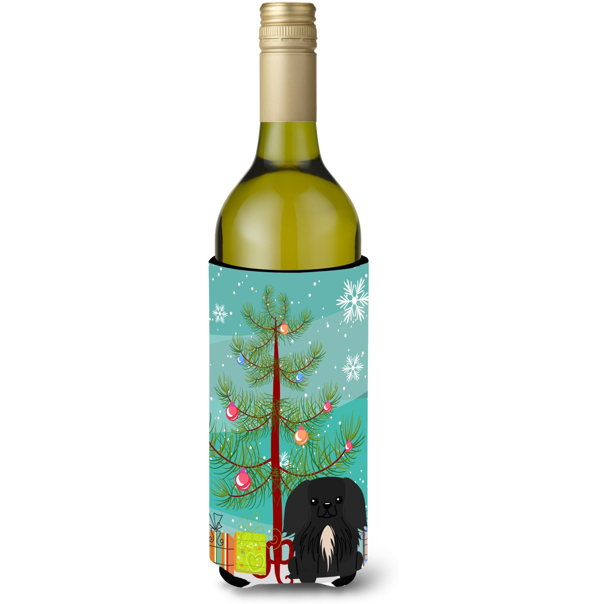 &quotCaroline's Treasures BB4232LITERK Merry Christmas Tree Pekingese Black Wine Bottle Beverage Insulator Hugger, 750ml, Multicolor"