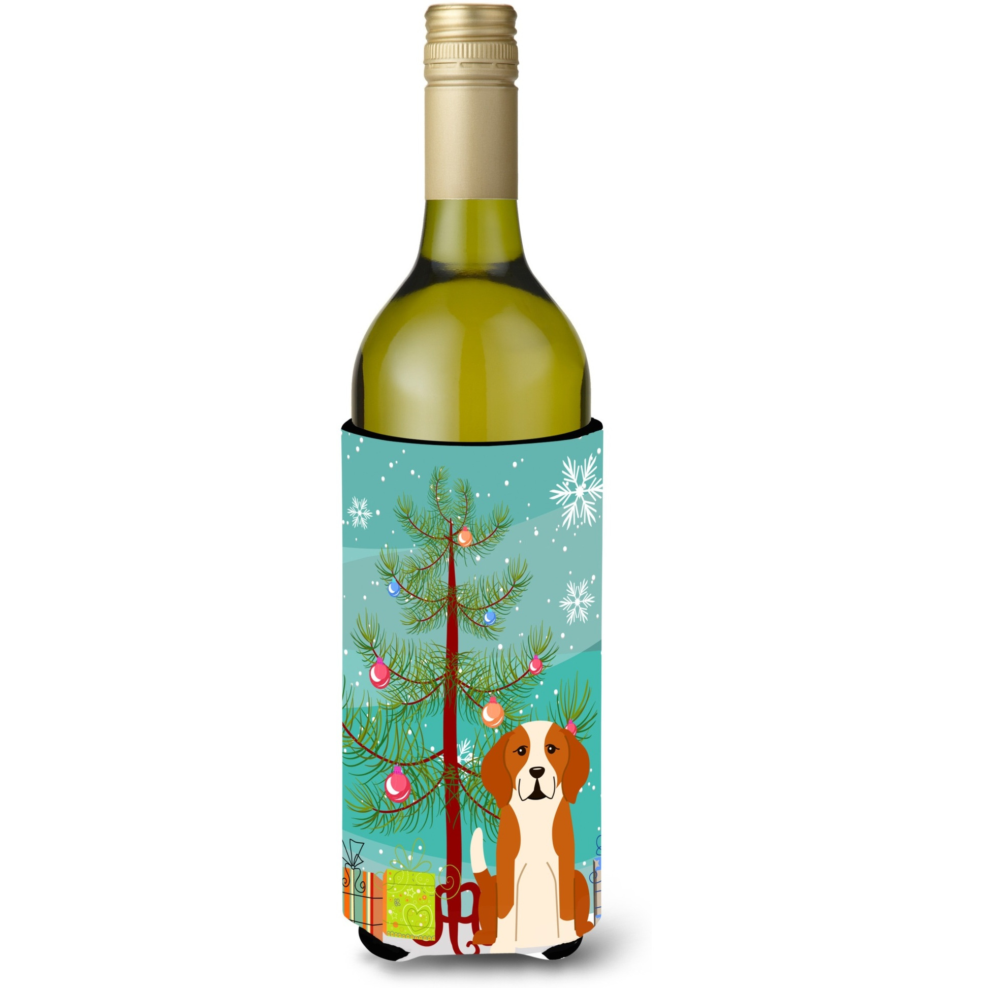 &quotCaroline's Treasures BB4235LITERK Merry Christmas Tree English Foxhound Wine Bottle Beverage Insulator Hugger, 750ml, Multicolor"