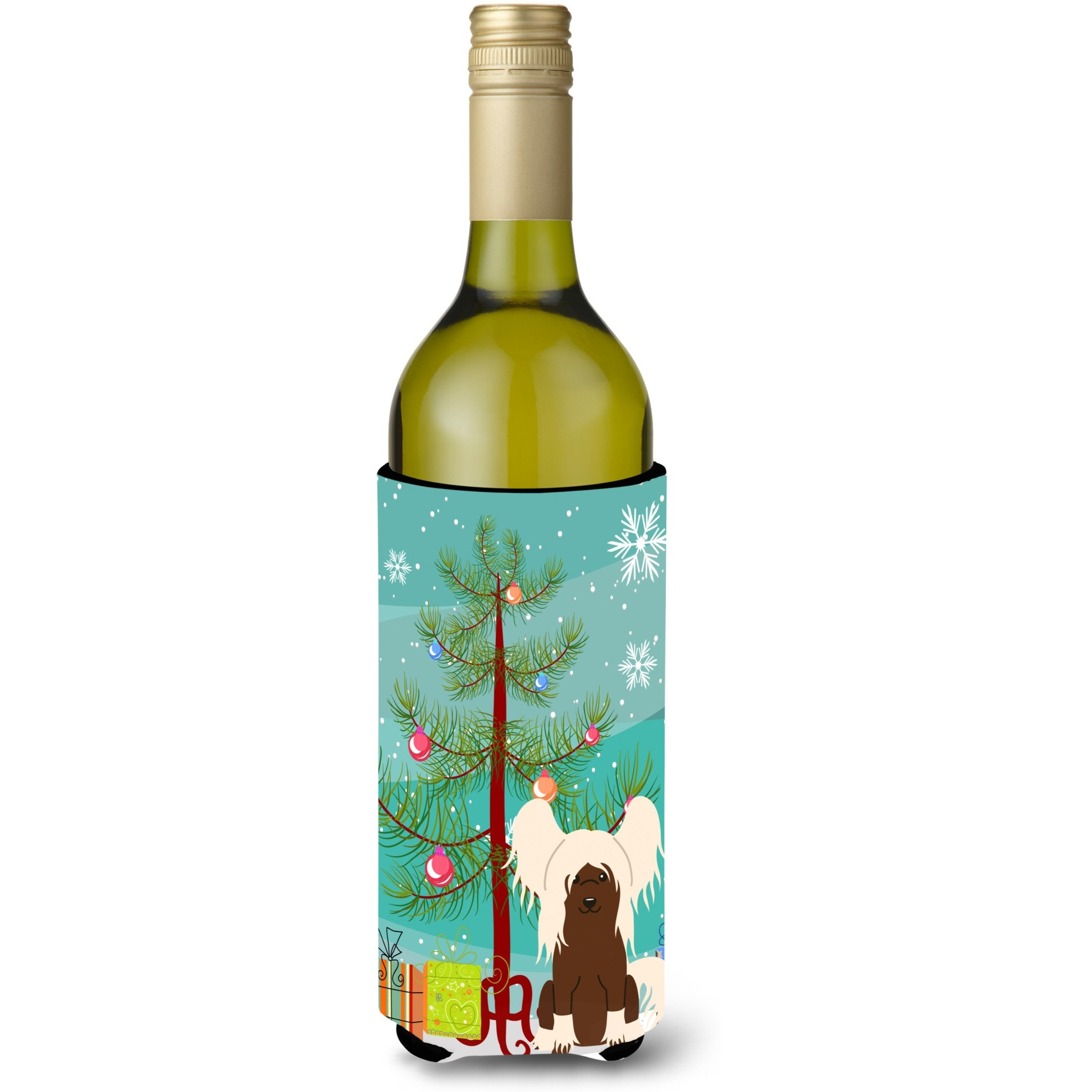 &quotCaroline's Treasures BB4238LITERK Merry Christmas Tree Chinese Crested Cream Wine Bottle Beverage Insulator Hugger, 750ml, Multicolor"