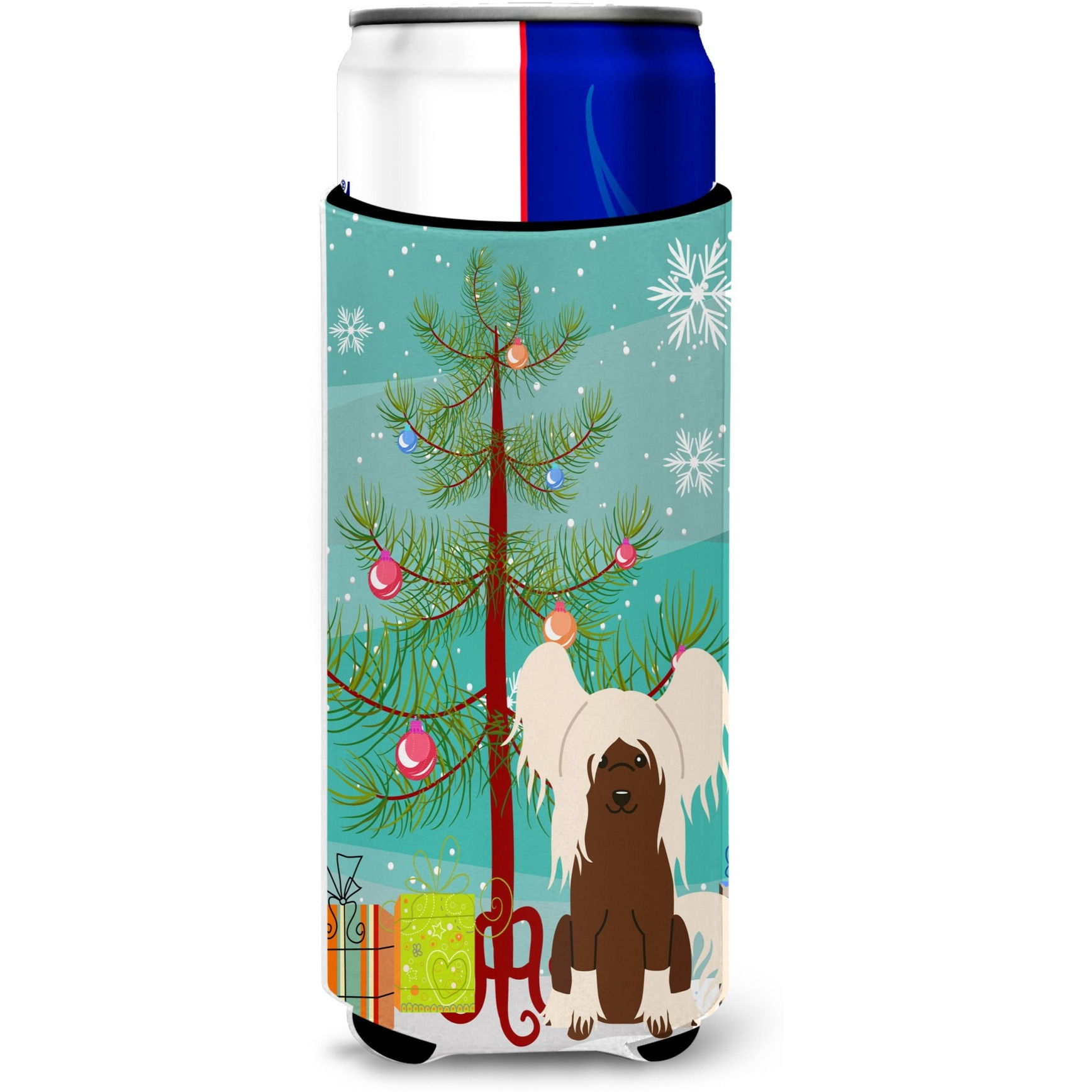 &quotCaroline's Treasures BB4238MUK Merry Christmas Tree Chinese Crested Cream Michelob Ultra Hugger for Slim Cans, Multicolor"