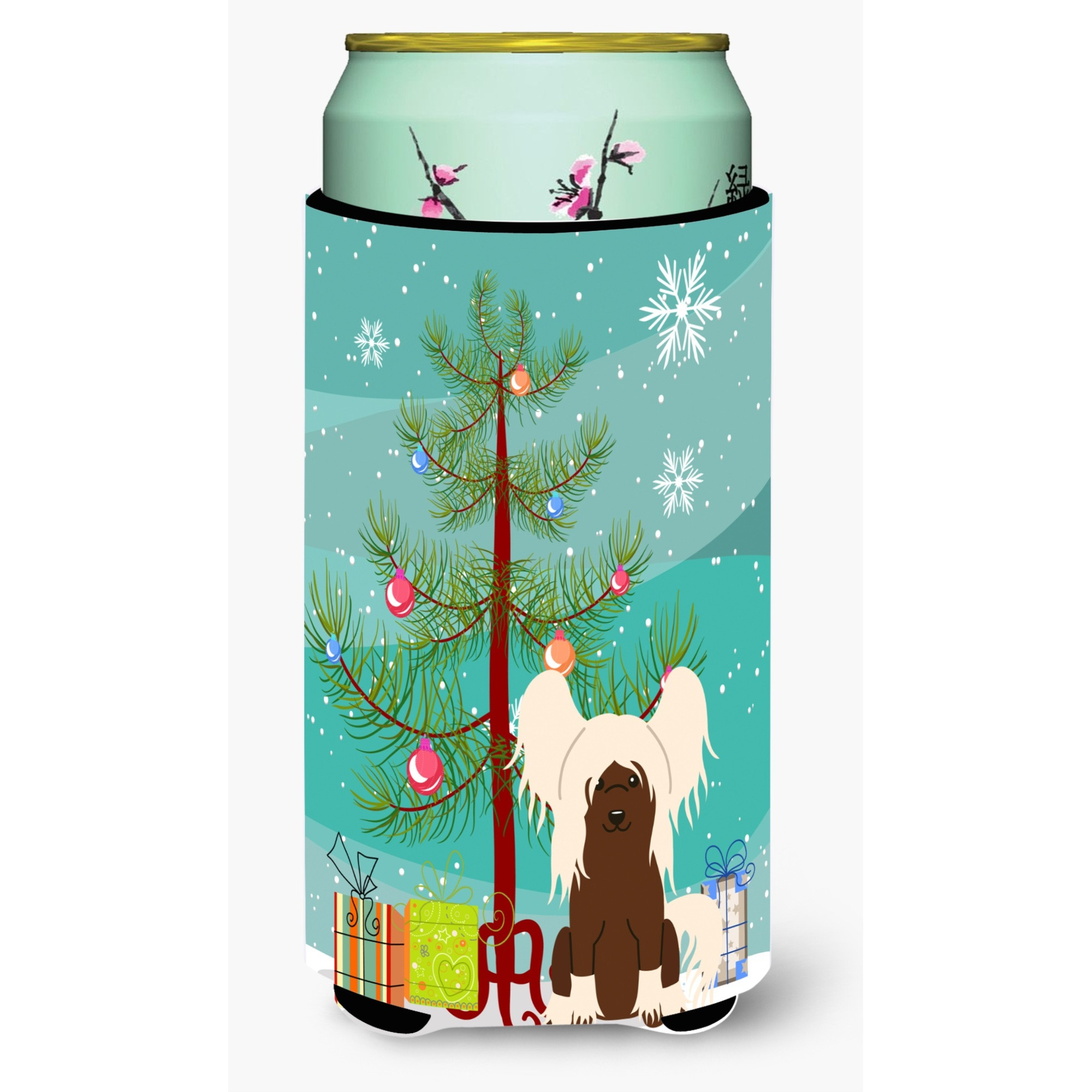 &quotCaroline's Treasures Merry Christmas Tree Chinese Crested Cream Tall Boy Beverage Insulator Hugger BB4238TBC, Multicolor"