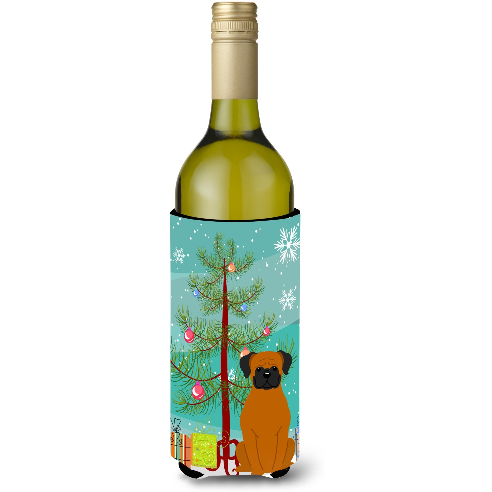 &quotCaroline's Treasures BB4240LITERK Merry Christmas Tree Fawn Boxer Wine Bottle Beverage Insulator Hugger, 750ml, Multicolor"