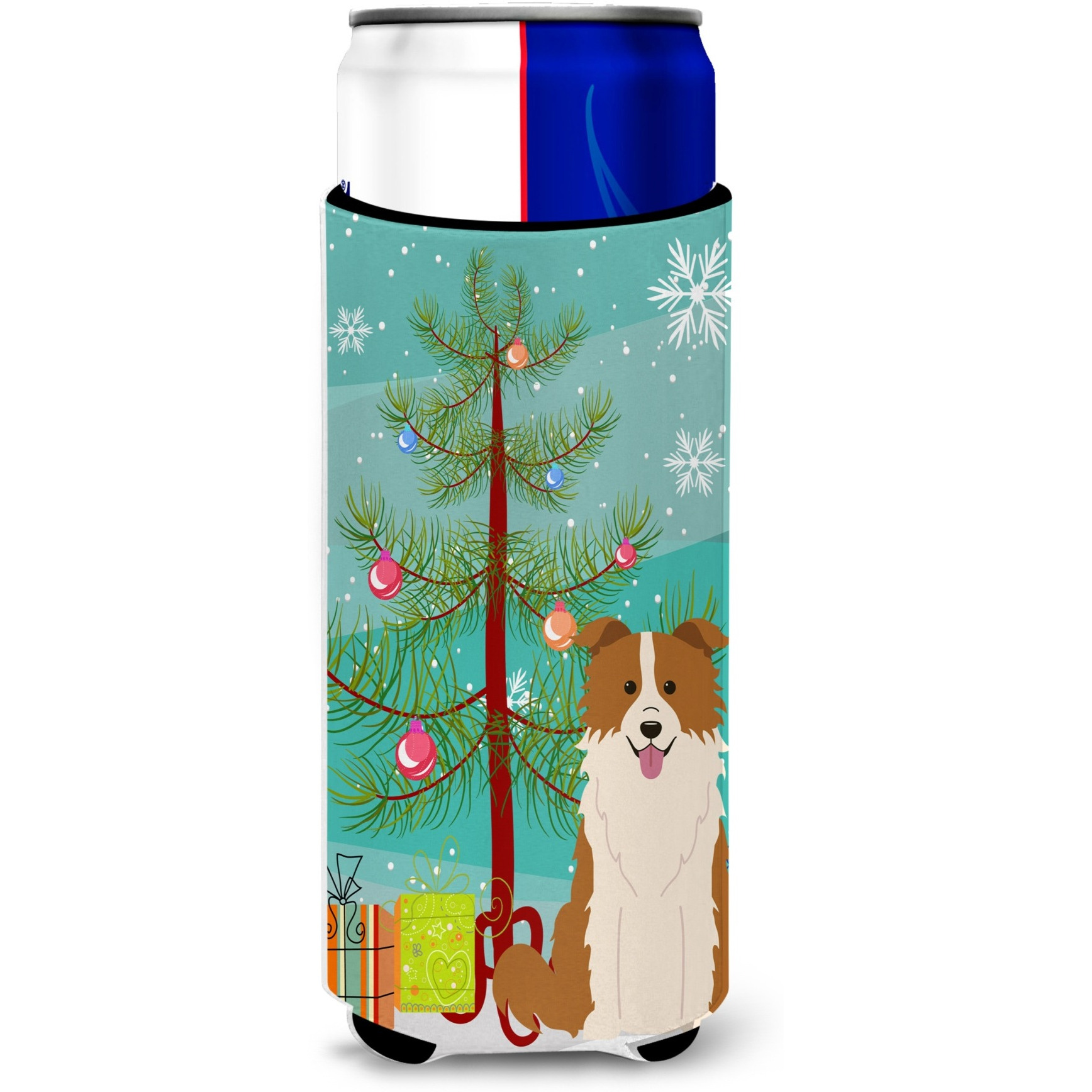 &quotCaroline's Treasures BB4244MUK Merry Christmas Tree Border Collie Red White Michelob Ultra Hugger for Slim Cans, Multicolor"
