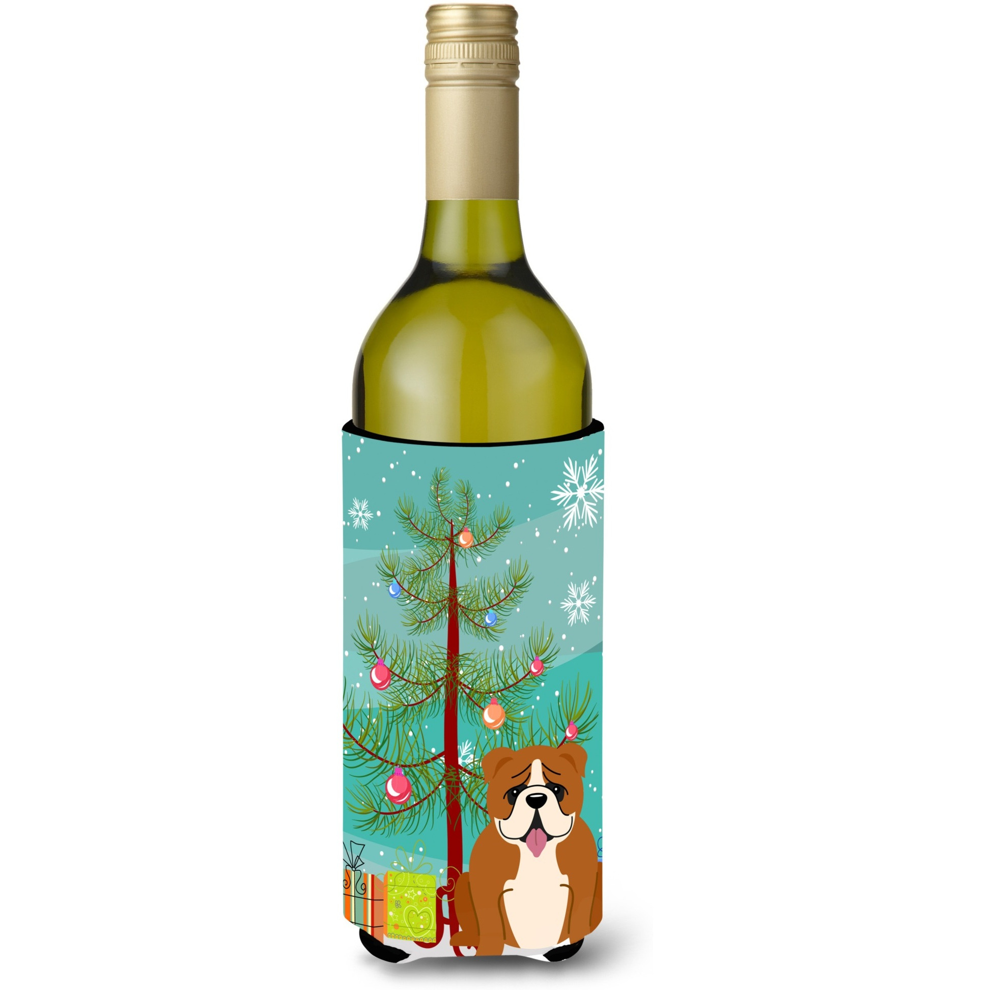 &quotCaroline's Treasures BB4245LITERK Merry Christmas Tree English Bulldog Red White Wine Bottle Beverage Insulator Hugger, 750ml, Multicolor"