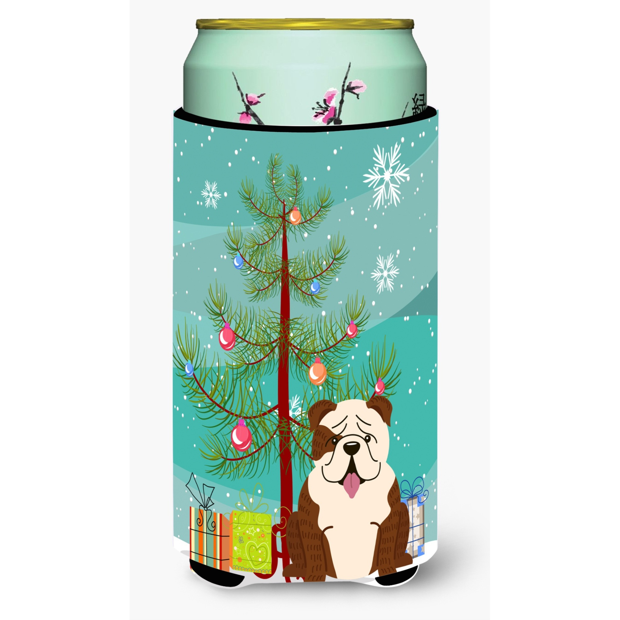 &quotCaroline's Treasures Merry Christmas Tree English Bulldog Brindle White Tall Boy Beverage Insulator Hugger BB4246TBC, Multicolor"