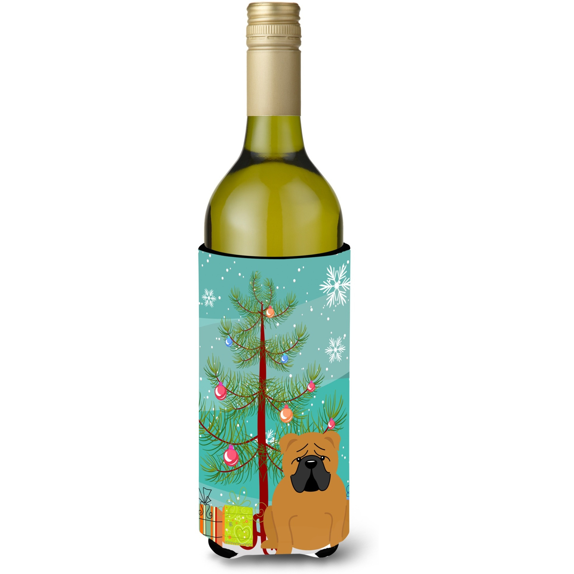 &quotCaroline's Treasures BB4247LITERK Merry Christmas Tree English Bulldog Red Wine Bottle Beverage Insulator Hugger, 750ml, Multicolor"