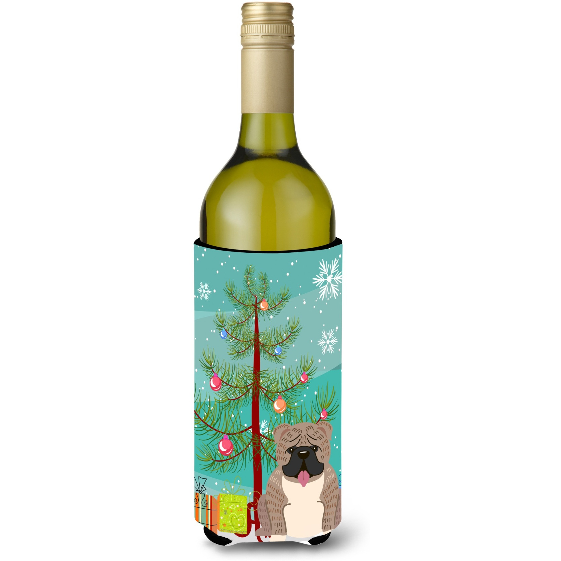 &quotCaroline's Treasures BB4251LITERK Merry Christmas Tree English Bulldog Grey Brindle Wine Bottle Beverage Insulator Hugger, 750ml, Multicolor"