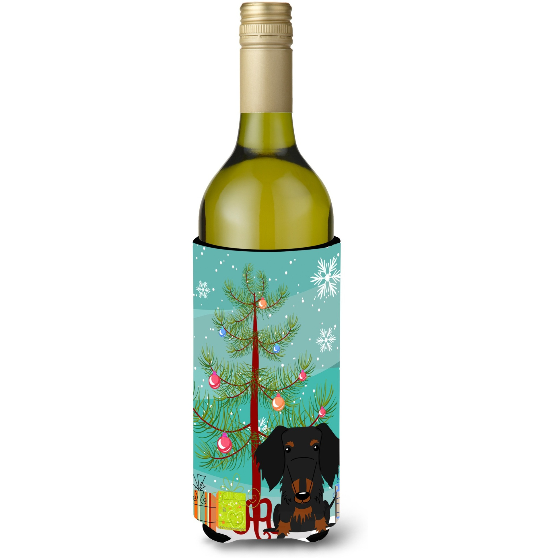 &quotCaroline's Treasures BB4252LITERK Merry Christmas Tree Wire Haired Dachshund Black Tan Wine Bottle Beverage Insulator Hugger, 750ml, Multicolor"