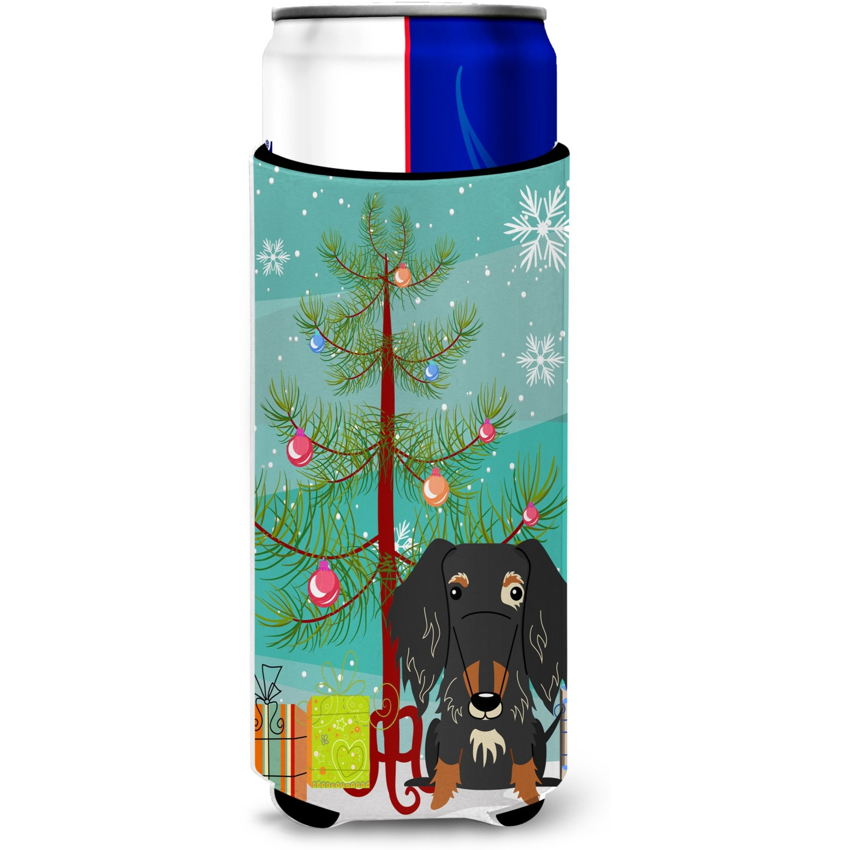 &quotCaroline's Treasures BB4253MUK Merry Christmas Tree Wire Haired Dachshund Dapple Michelob Ultra Hugger for Slim Cans, Multicolor"