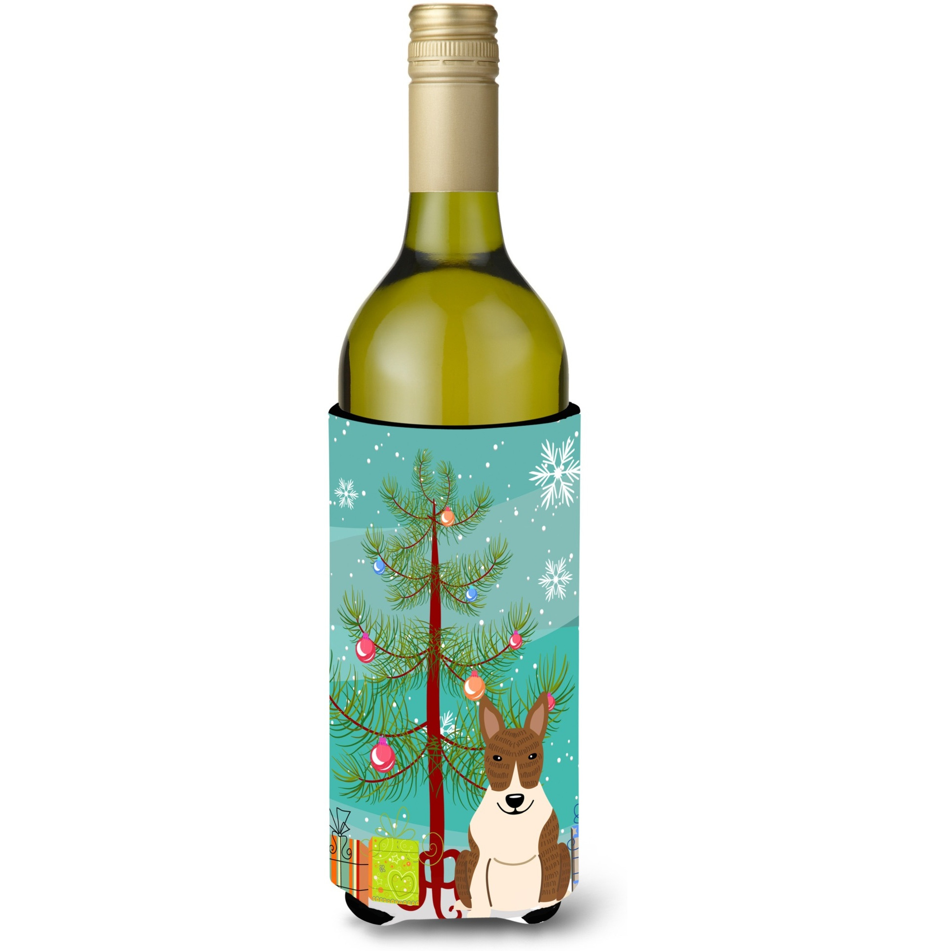 &quotCaroline's Treasures BB4262LITERK Merry Christmas Tree Bull Terrier Brindle Wine Bottle Beverage Insulator Hugger, 750ml, Multicolor"