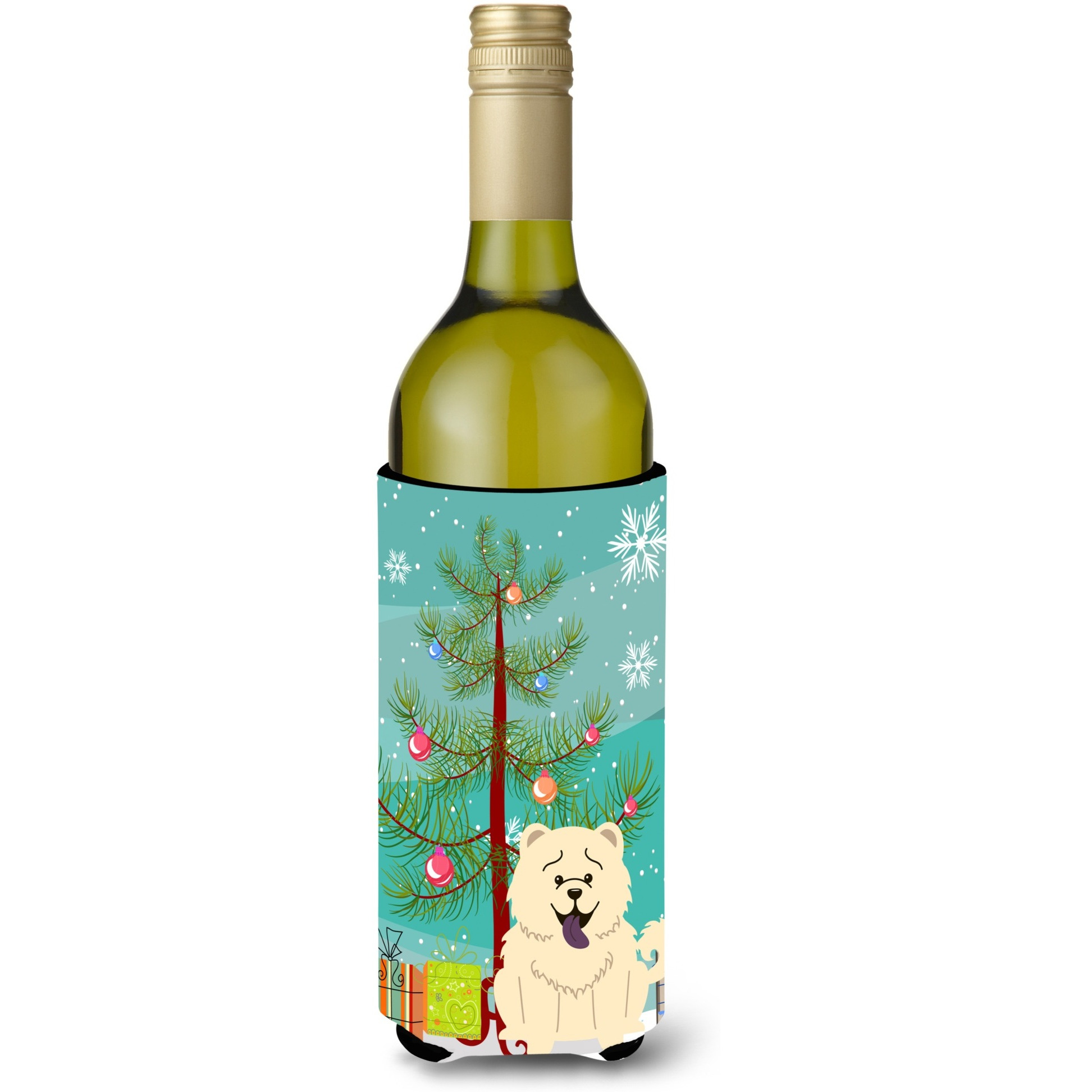 &quotCaroline's Treasures BB4265LITERK Merry Christmas Tree Chow Chow White Wine Bottle Beverage Insulator Hugger, 750ml, Multicolor"