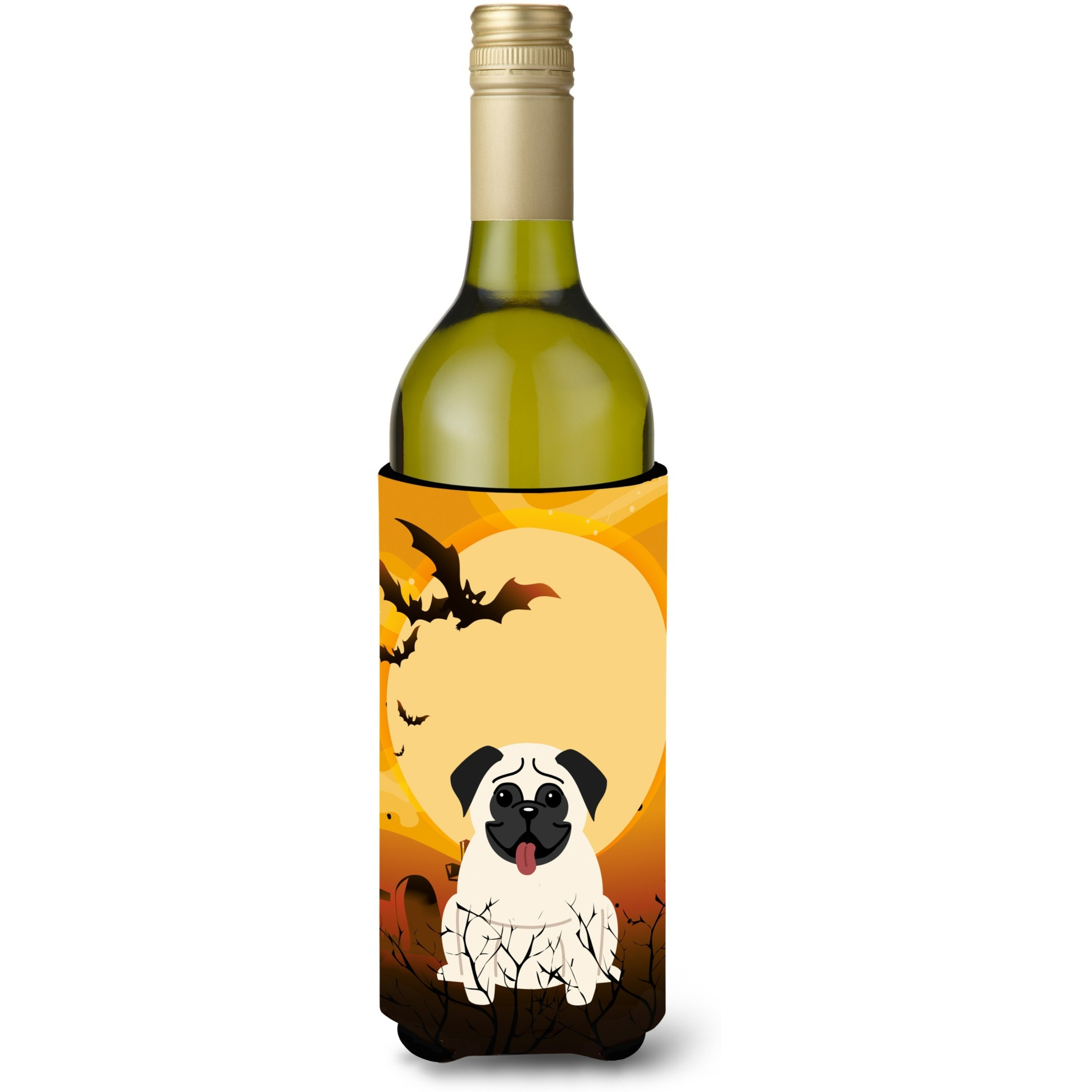 &quotCaroline's Treasures BB4270LITERK Halloween Pug Cream Wine Bottle Beverage Insulator Hugger, 750ml, Multicolor"