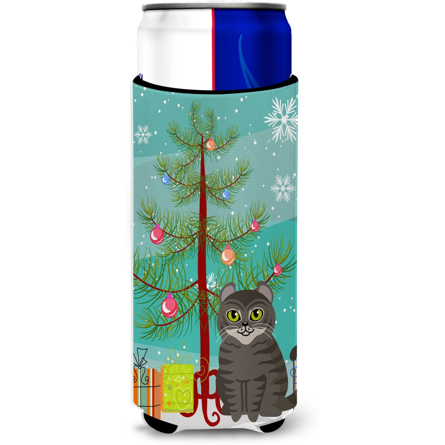 &quotCaroline's Treasures American Curl Cat Merry Christmas Tree Michelob Ultra Hugger For Slim Cans, Slim Can, Multicolor"