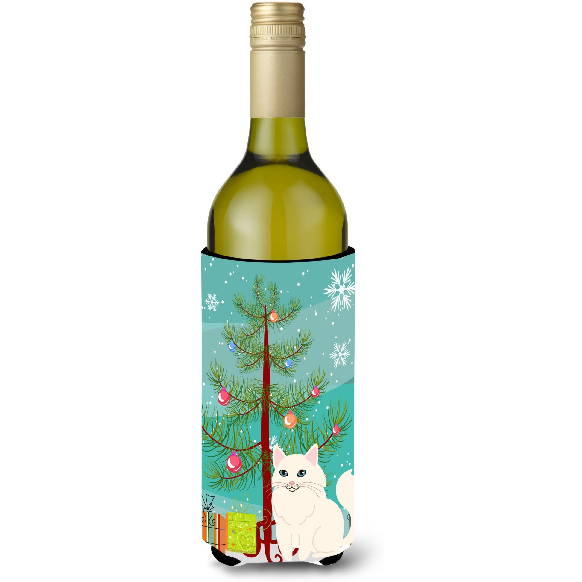 &quotCaroline's Treasures Turkish Angora Cat Merry Christmas Tree Wine Bottle Beverage Insulator Hugger, 750 ml, Multicolor"