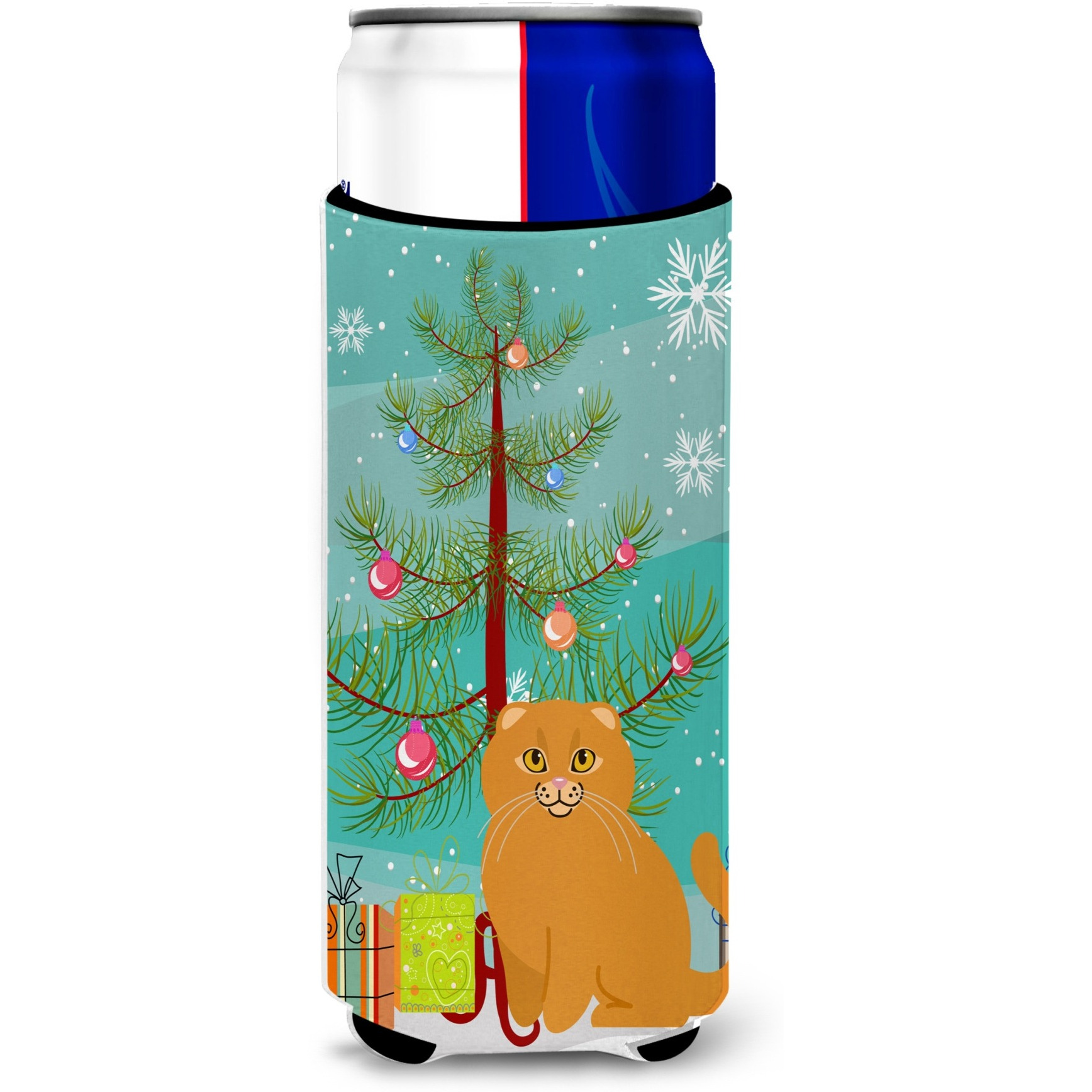 &quotCaroline's Treasures Scottish Fold Cat Merry Christmas Tree Michelob Ultra Hugger For Slim Cans, Slim Can, Multicolor"