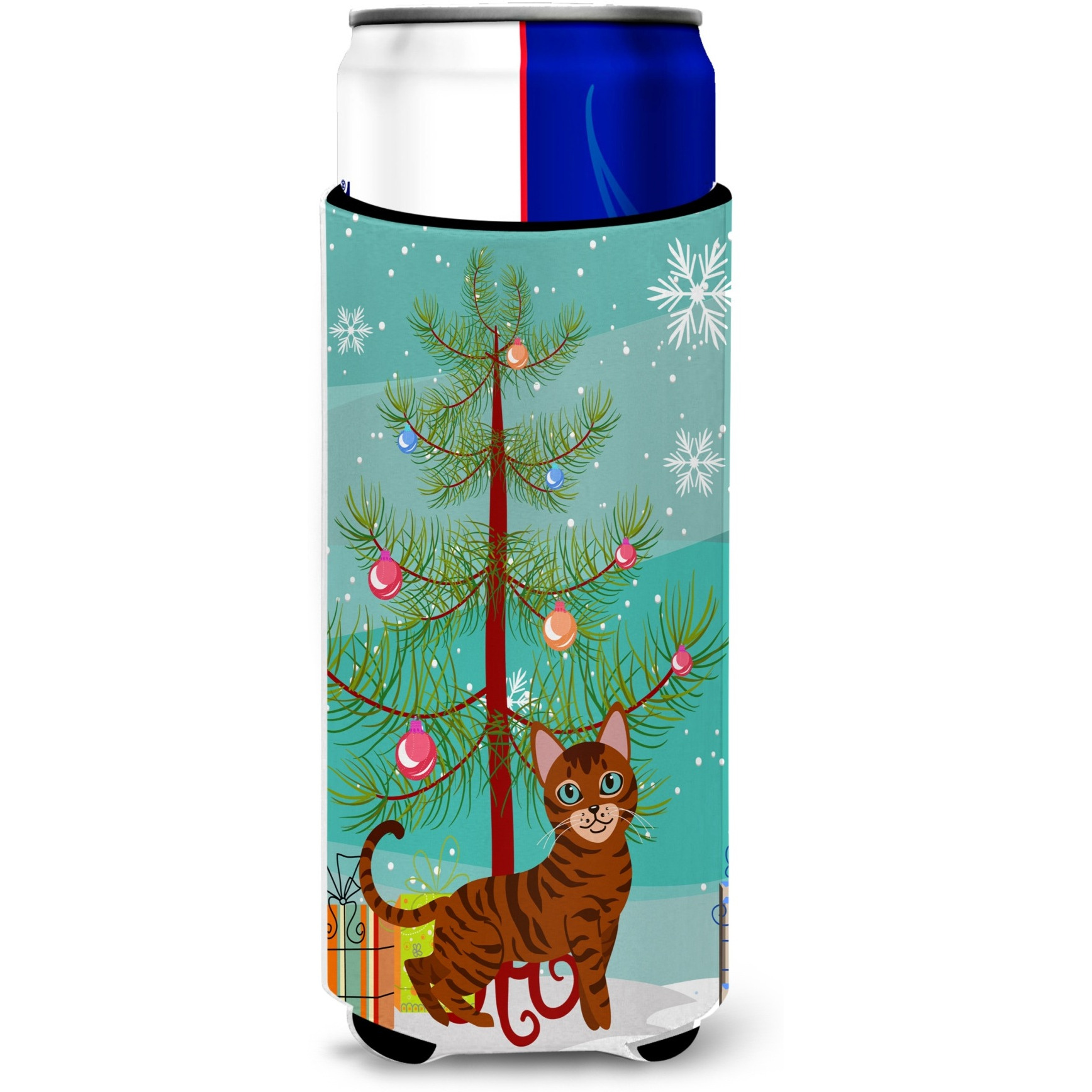 &quotCaroline's Treasures Toyger Cat Merry Christmas Tree Michelob Ultra Hugger For Slim Cans, Slim Can, Multicolor"