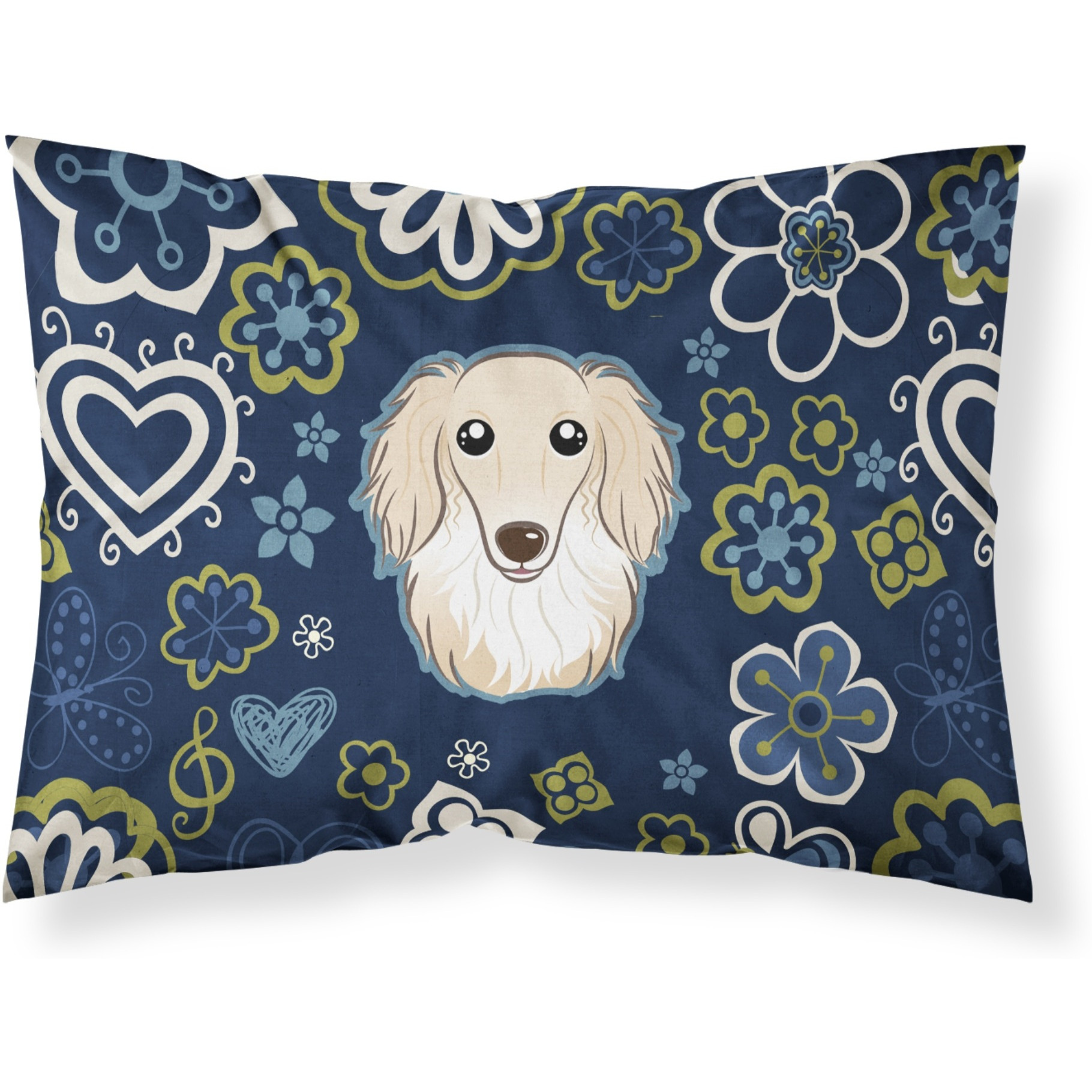 Blue Flowers Longhair Creme Dachshund Fabric Standard Pillowcase