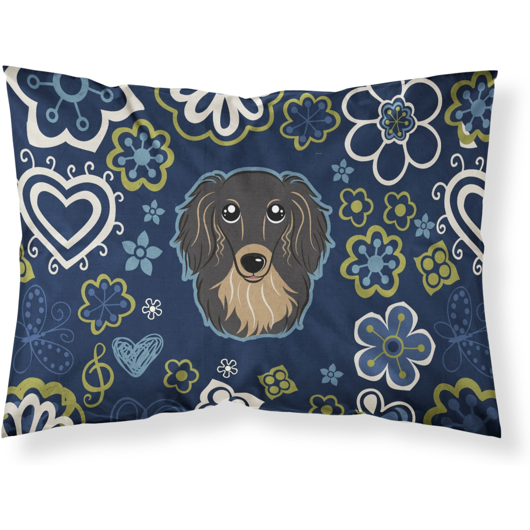 Blue Flowers Longhair Black and Tan Dachshund Fabric Standard Pillowcase