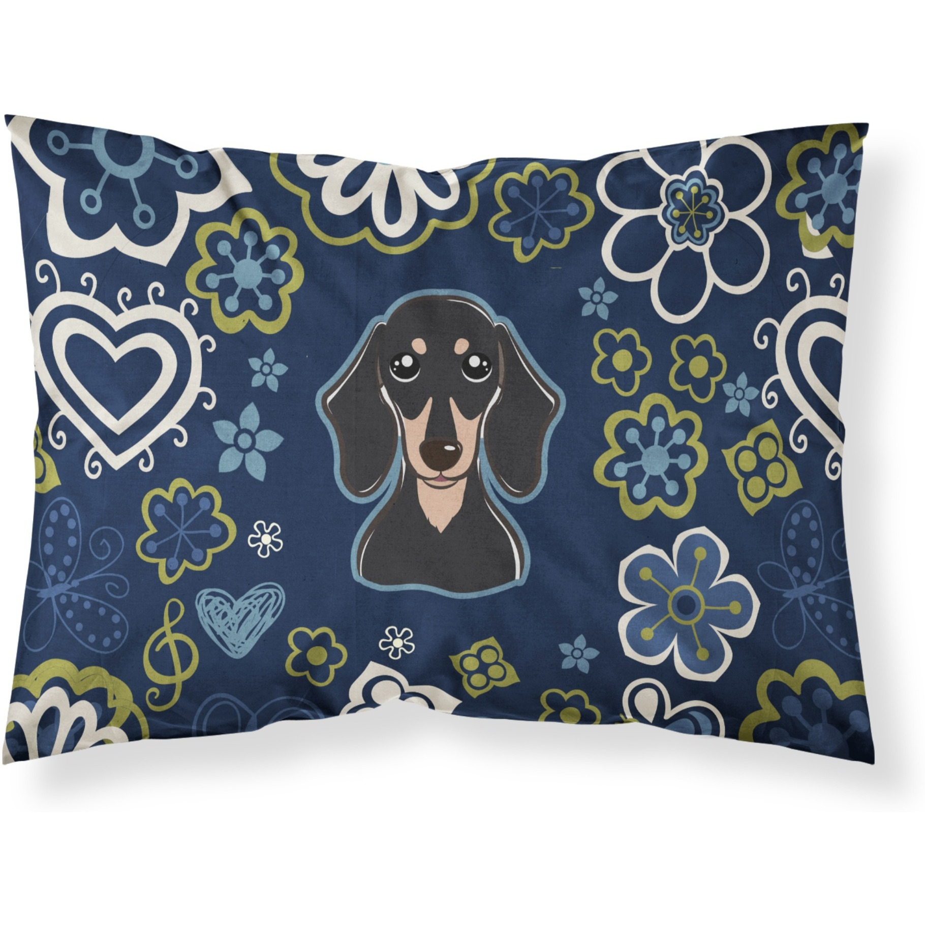 Blue Flowers Smooth Black and Tan Dachshund Fabric Standard Pillowcase