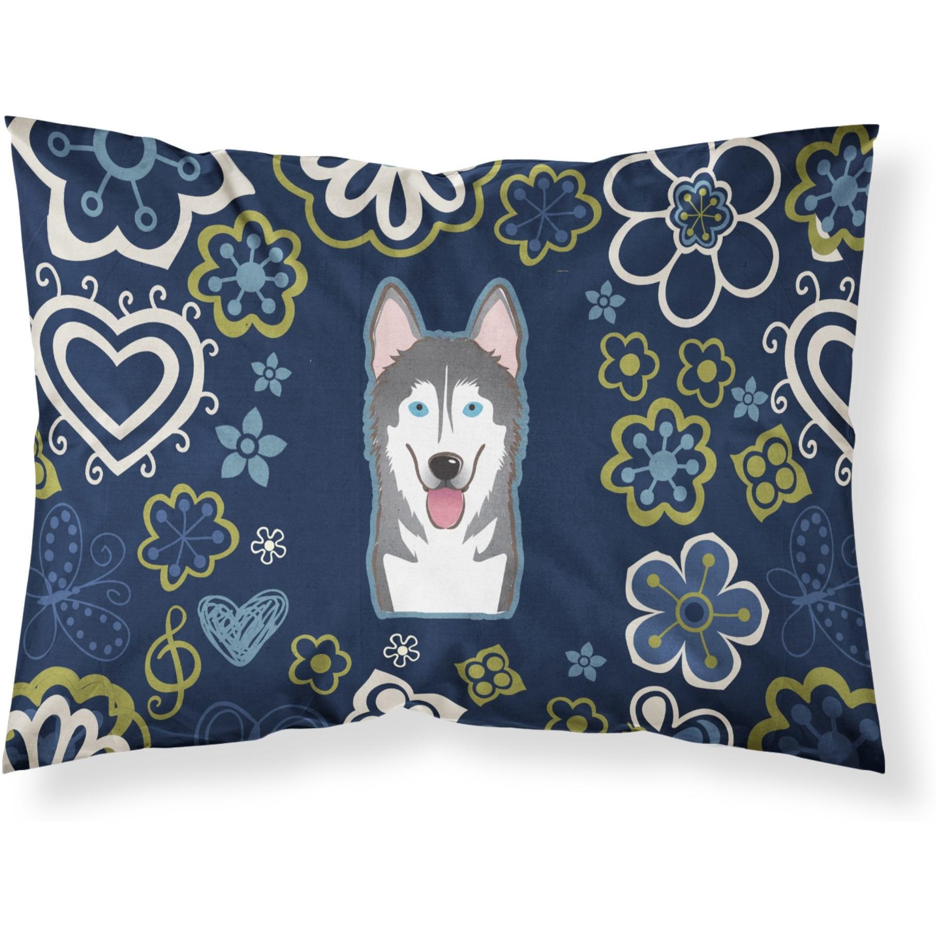 Blue Flowers Alaskan Malamute Fabric Standard Pillowcase