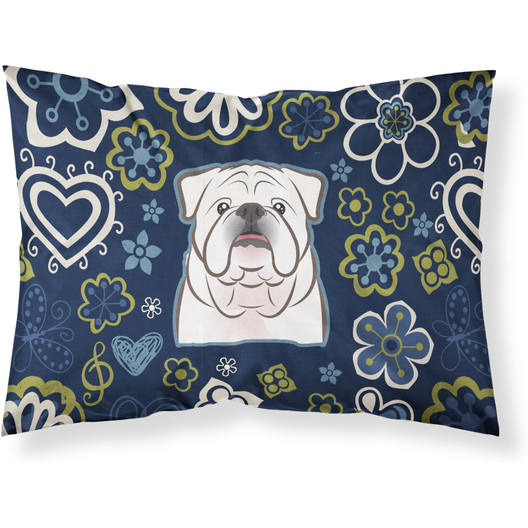 Blue Flowers White English Bulldog  Fabric Standard Pillowcase