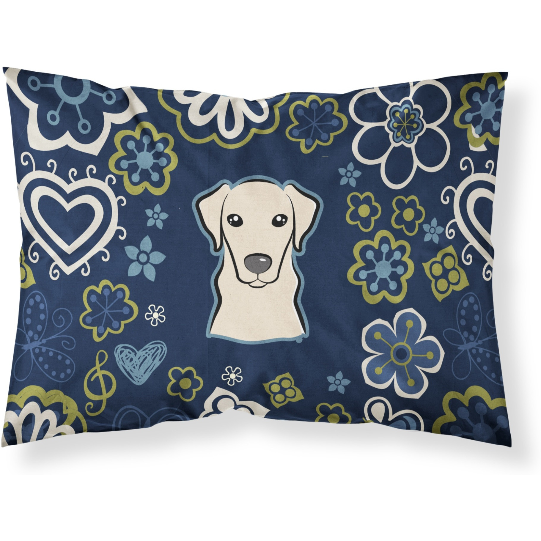 Blue Flowers Yellow Labrador Fabric Standard Pillowcase