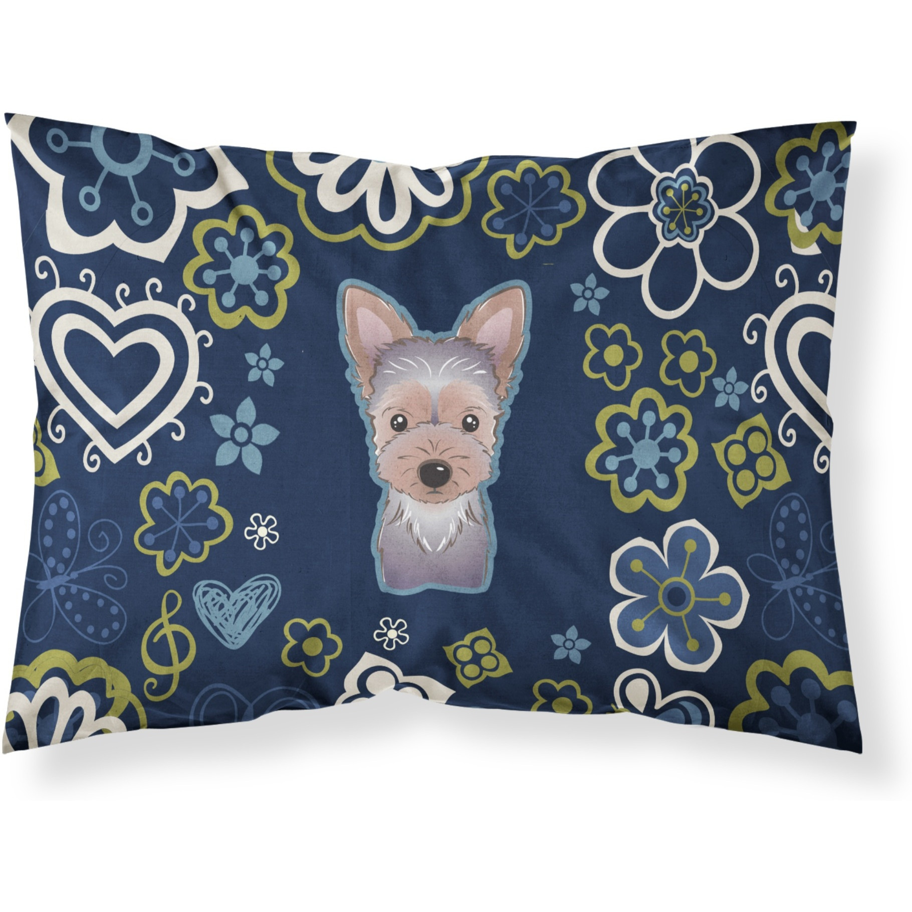 Blue Flowers Yorkie Puppy Fabric Standard Pillowcase