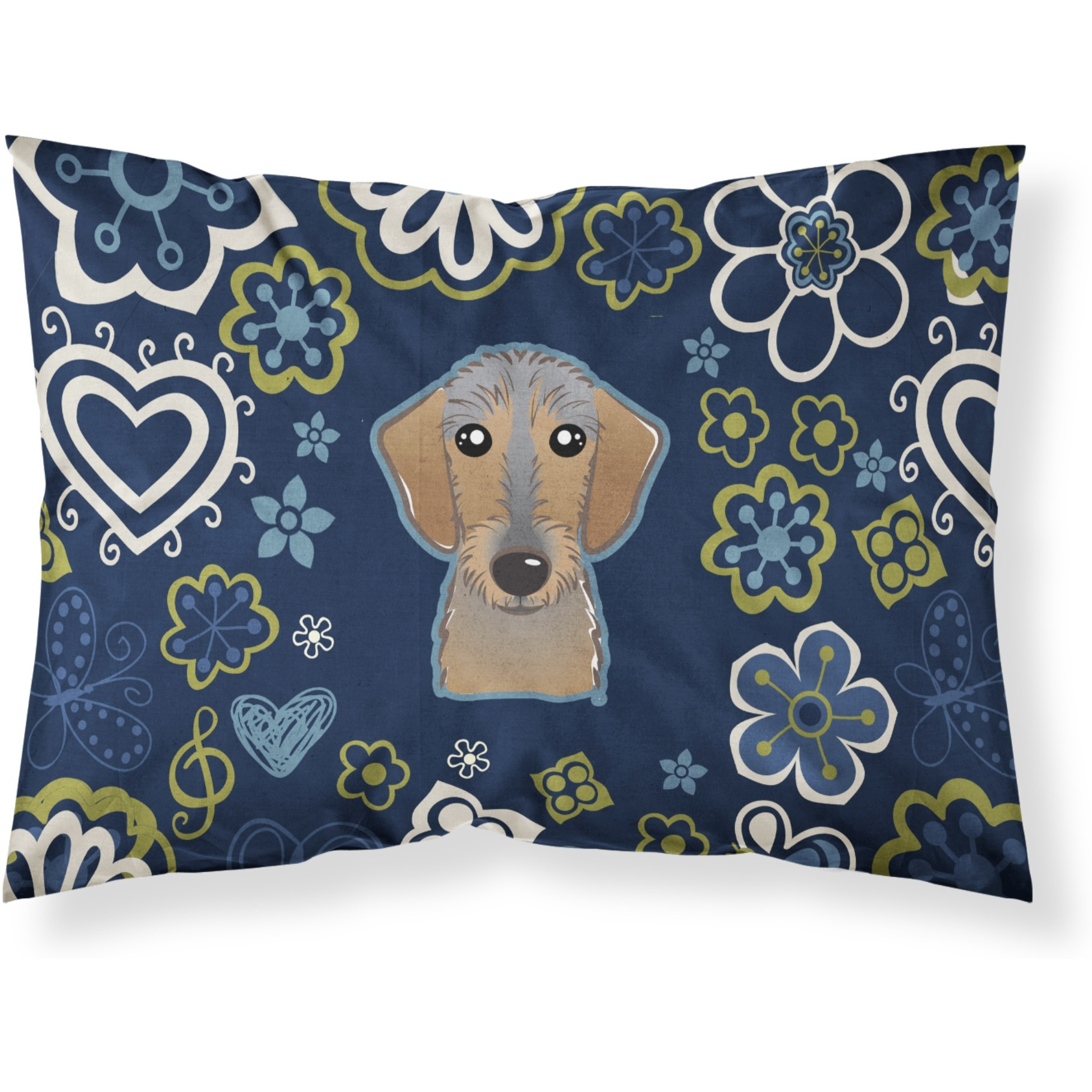 Blue Flowers Wirehaired Dachshund Fabric Standard Pillowcase