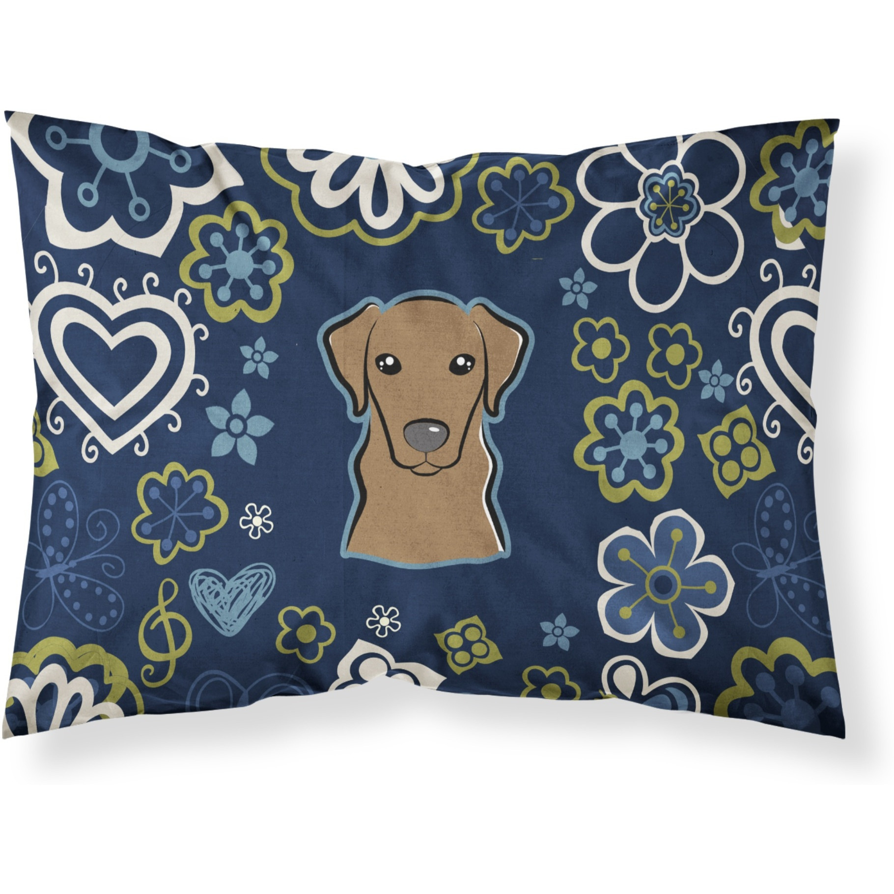 Blue Flowers Chocolate Labrador Fabric Standard Pillowcase