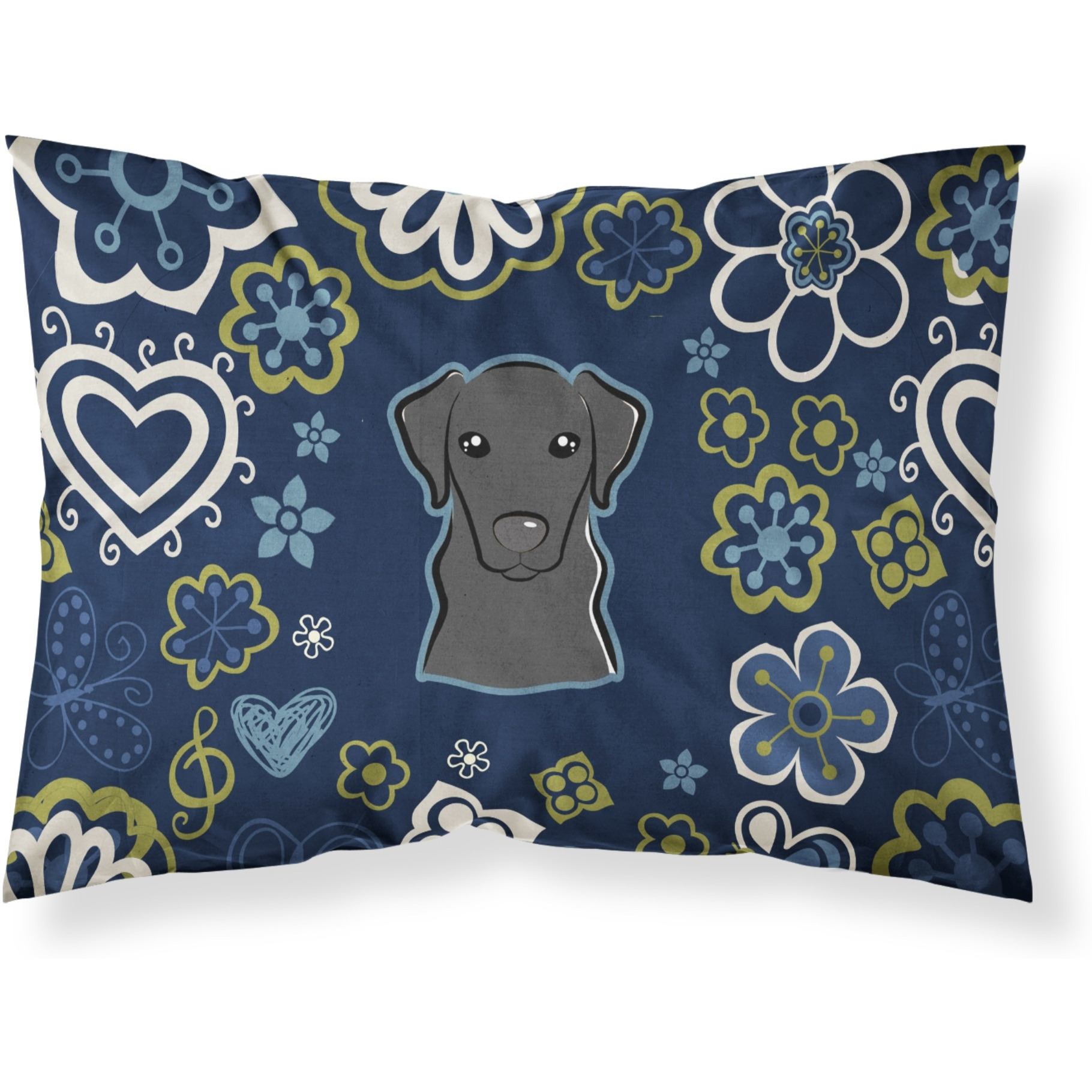Blue Flowers Black Labrador Fabric Standard Pillowcase