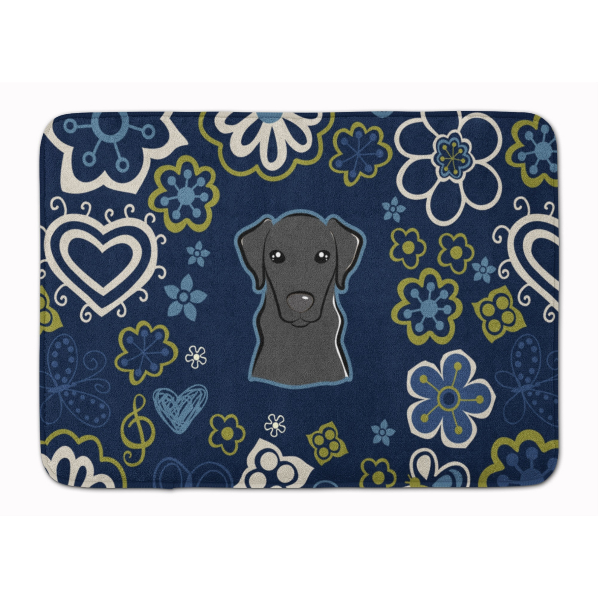 &quotCaroline's Treasures Blue Flowers Black Labrador Floor Mat, 19"" x 27"", Multicolor"