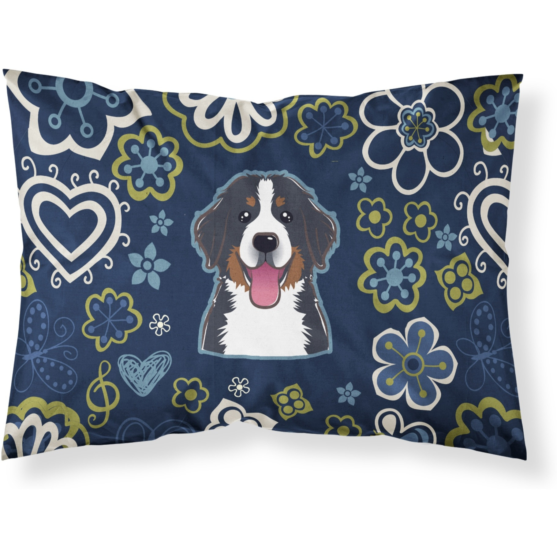 Blue Flowers Bernese Mountain Dog Fabric Standard Pillowcase