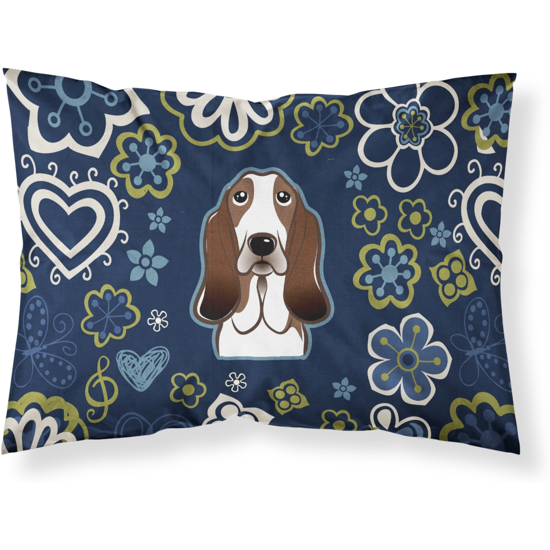 Blue Flowers Basset Hound Fabric Standard Pillowcase