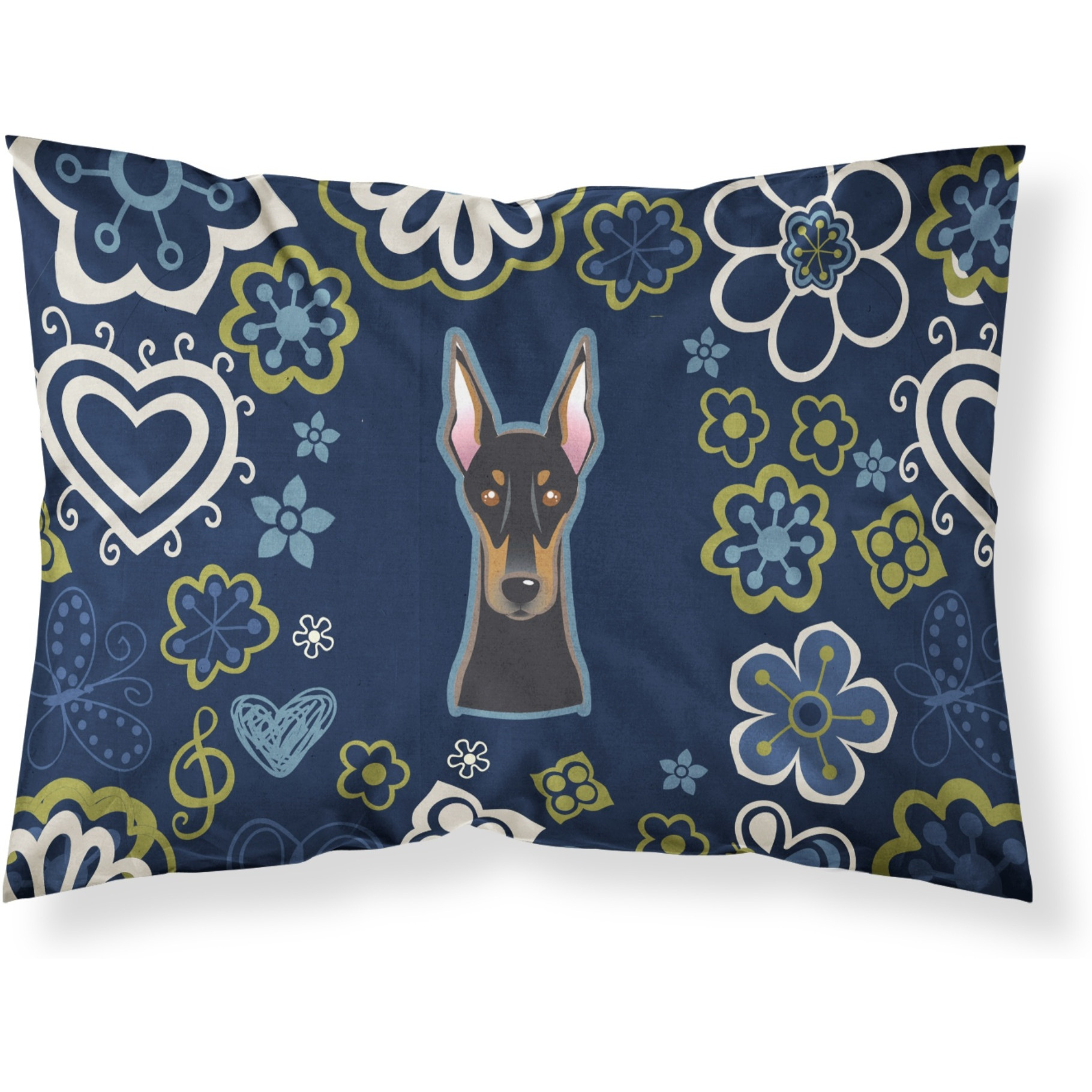 Blue Flowers Doberman Pinscher Fabric Standard Pillowcase