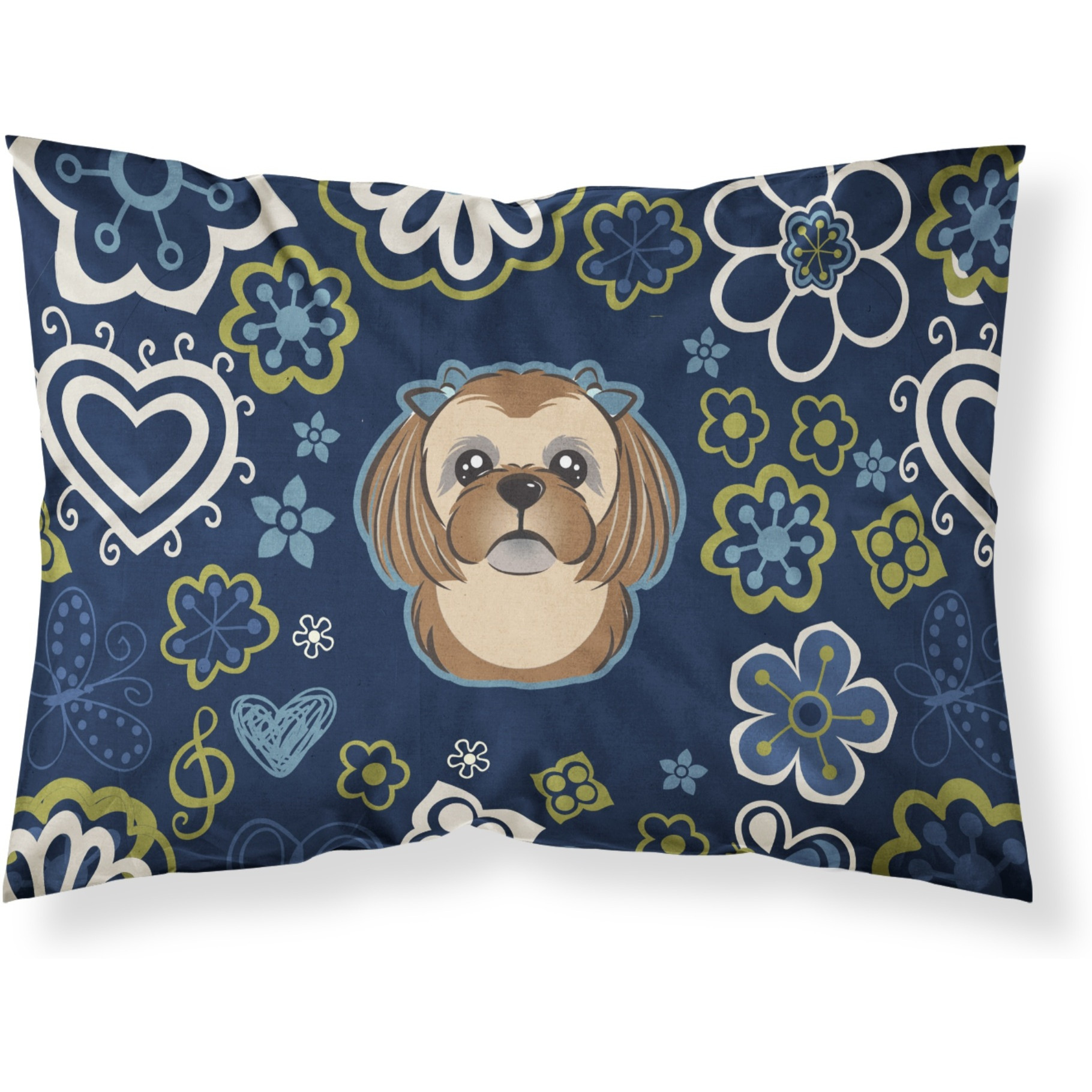 Blue Flowers Chocolate Brown Shih Tzu Fabric Standard Pillowcase
