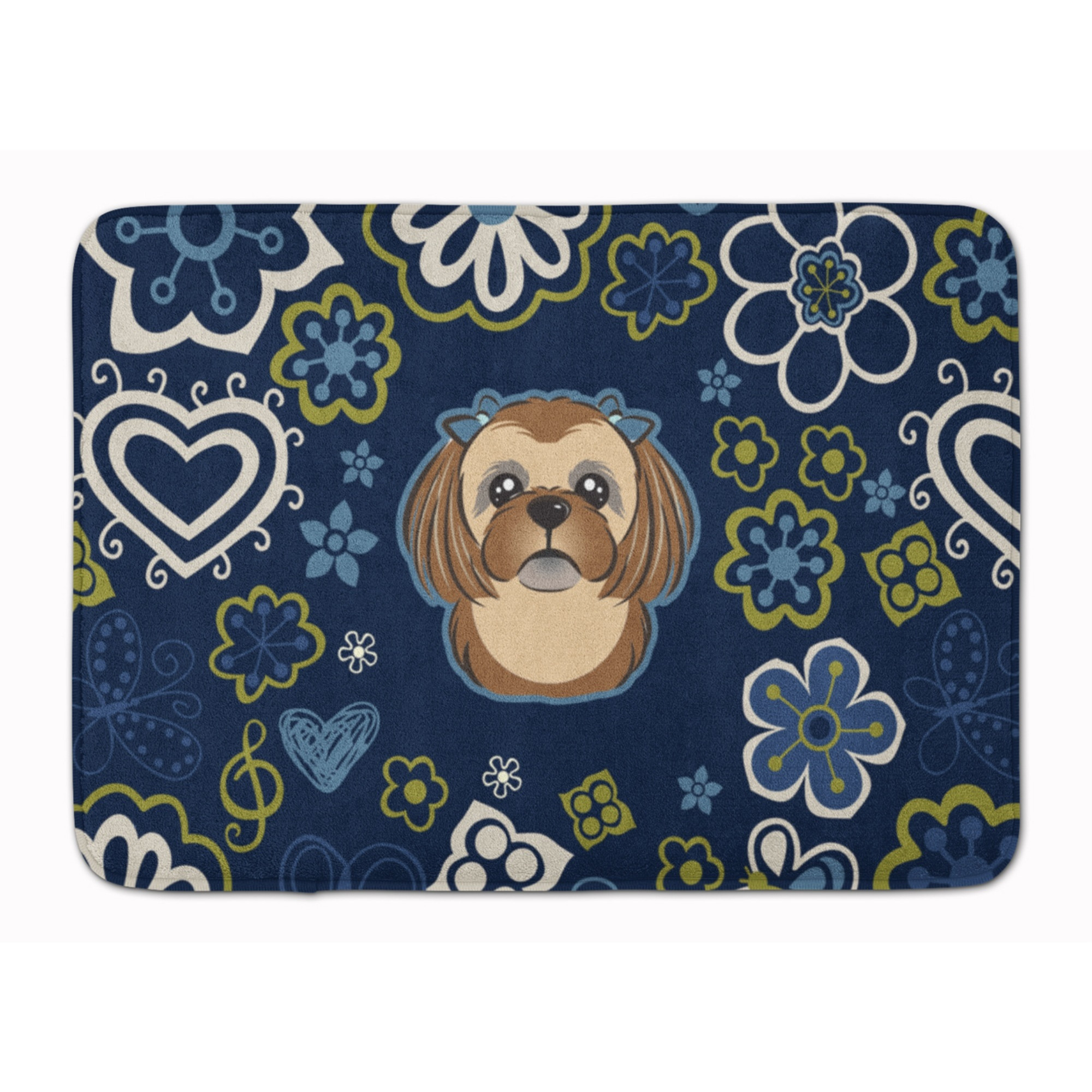 &quotCaroline's Treasures Blue Flowers Chocolate Brown Shih Tzu Floor Mat, 19"" x 27"", Multicolor"