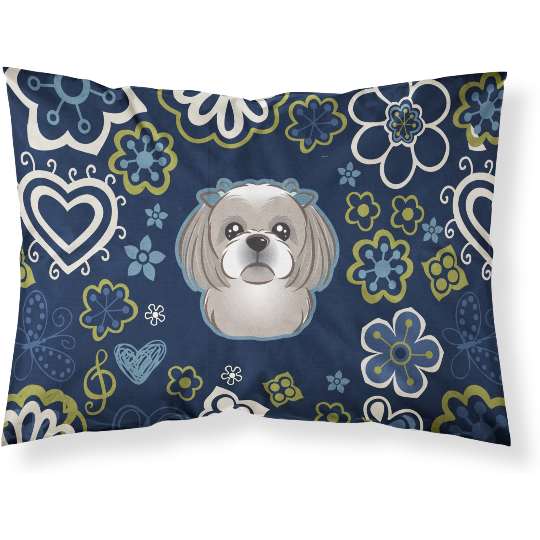 Blue Flowers Gray Silver Shih Tzu Fabric Standard Pillowcase