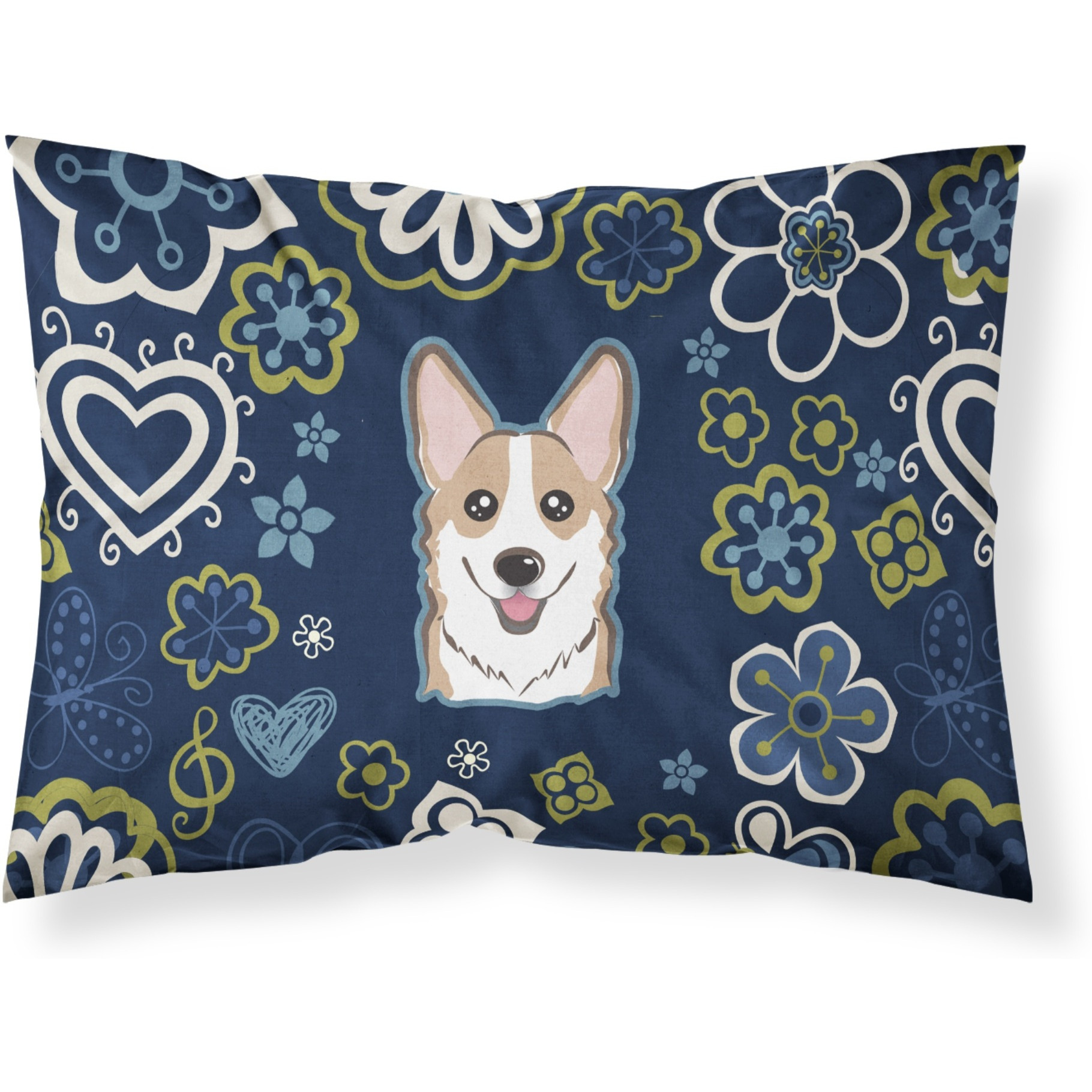 Blue Flowers Sable Corgi Fabric Standard Pillowcase