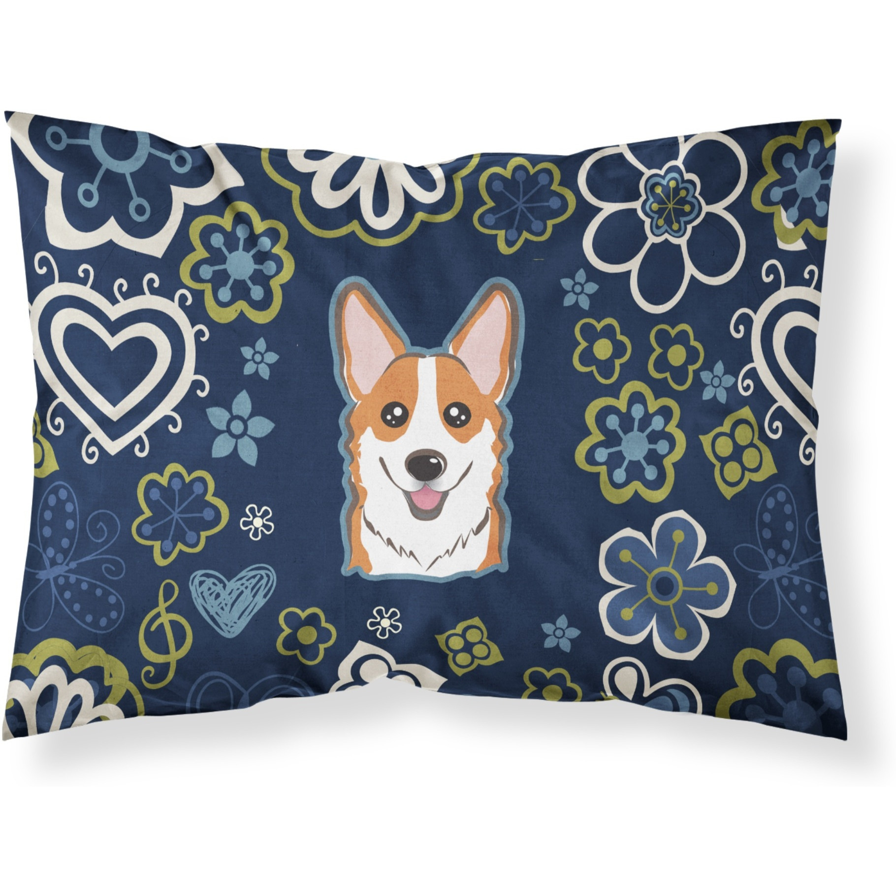 Blue Flowers Red Corgi Fabric Standard Pillowcase
