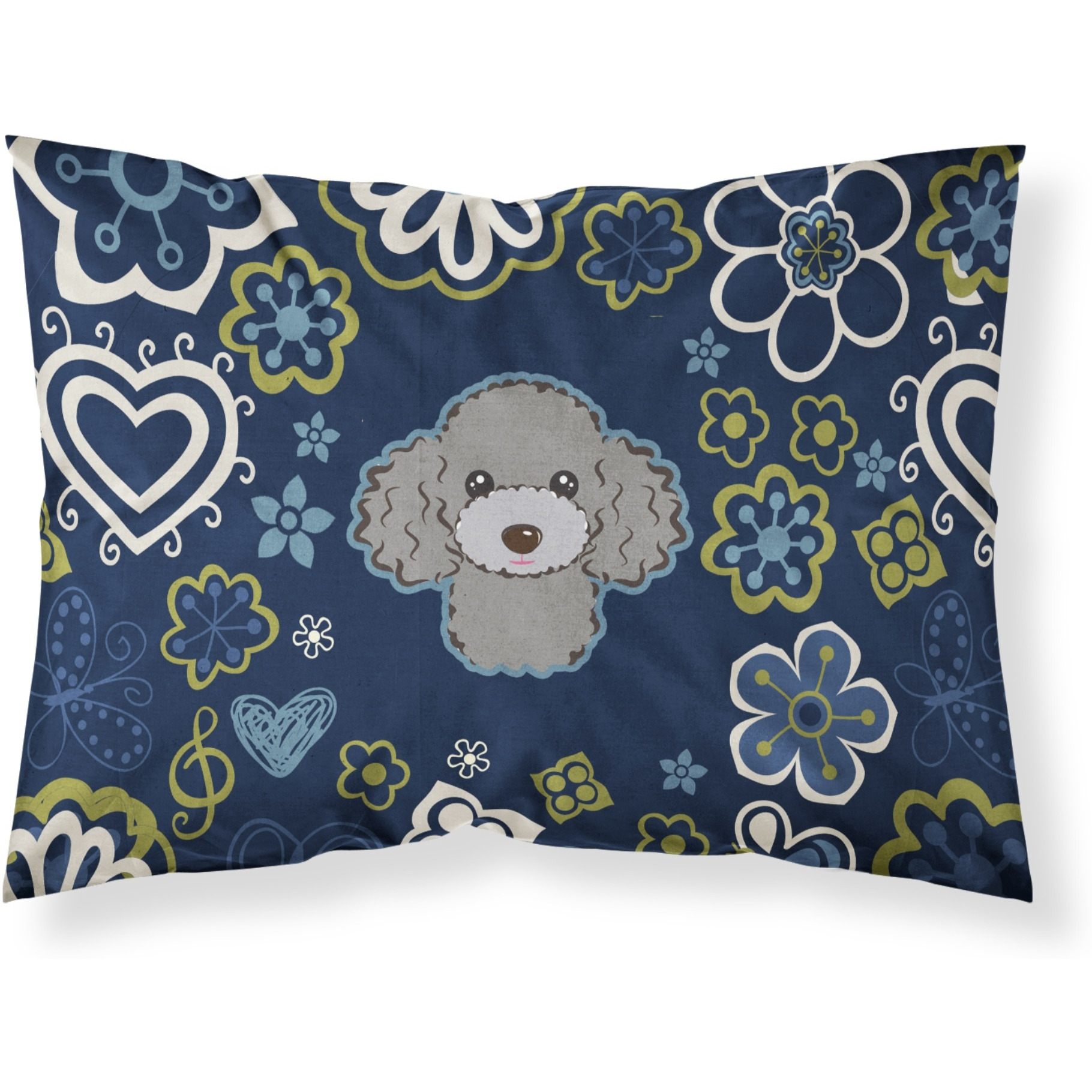 Blue Flowers Silver Gray Poodle Fabric Standard Pillowcase