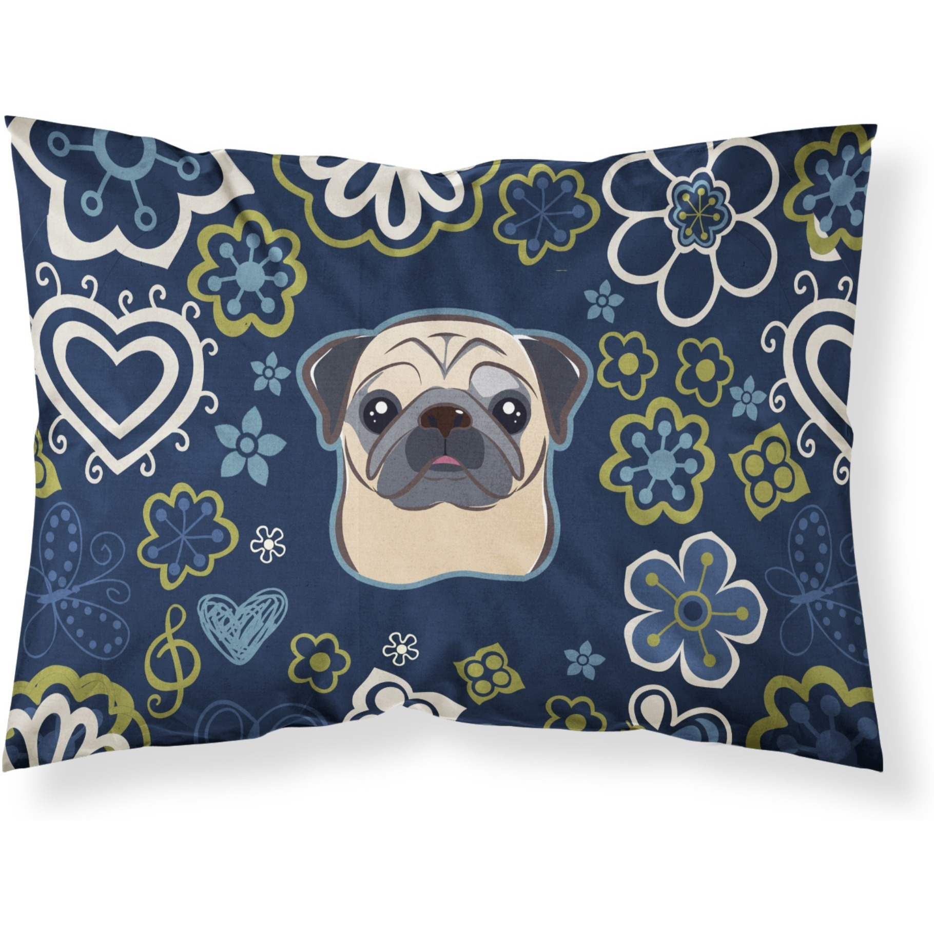 Blue Flowers Fawn Pug Fabric Standard Pillowcase