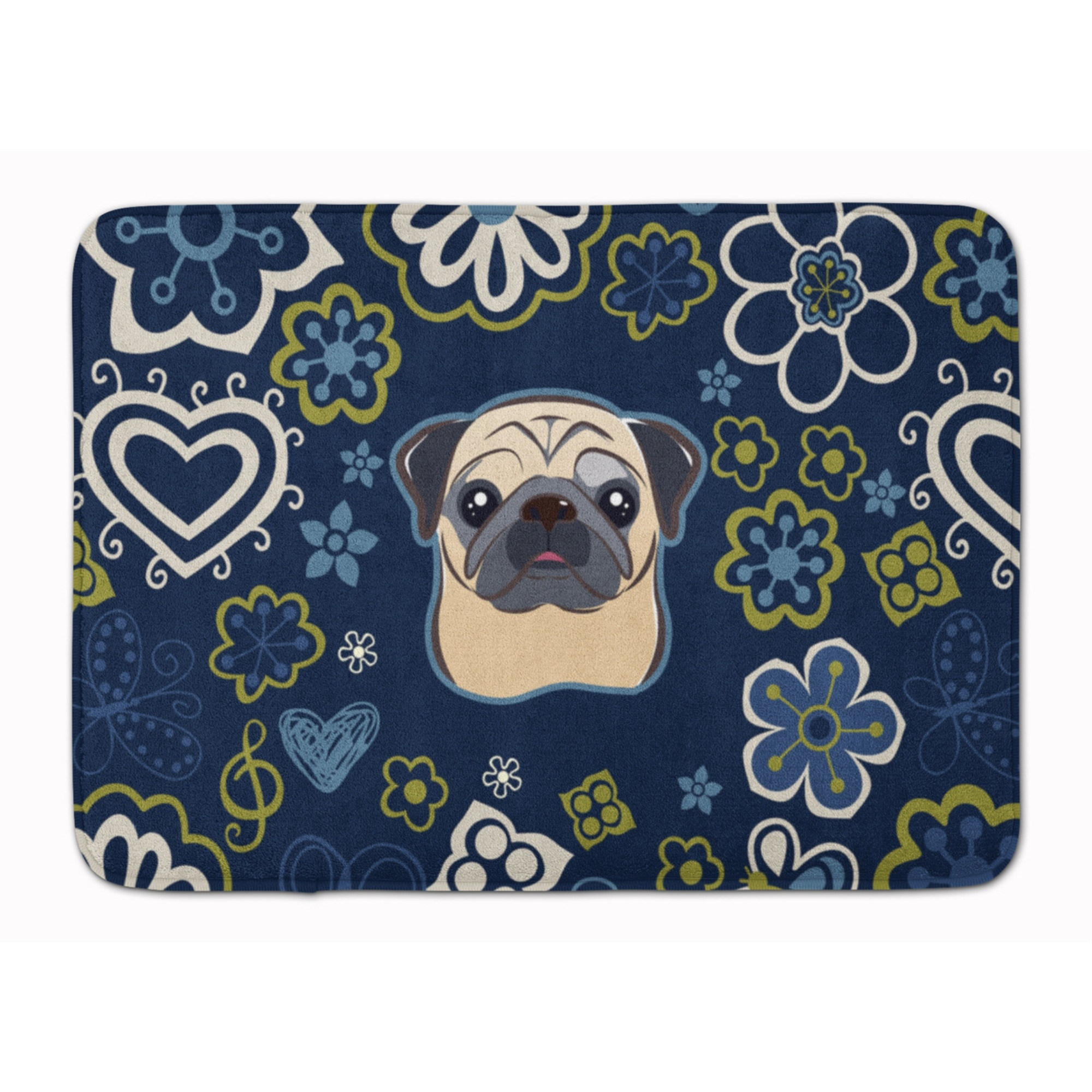 &quotCaroline's Treasures Blue Flowers Fawn Pug Floor Mat, 19"" x 27"", Multicolor"