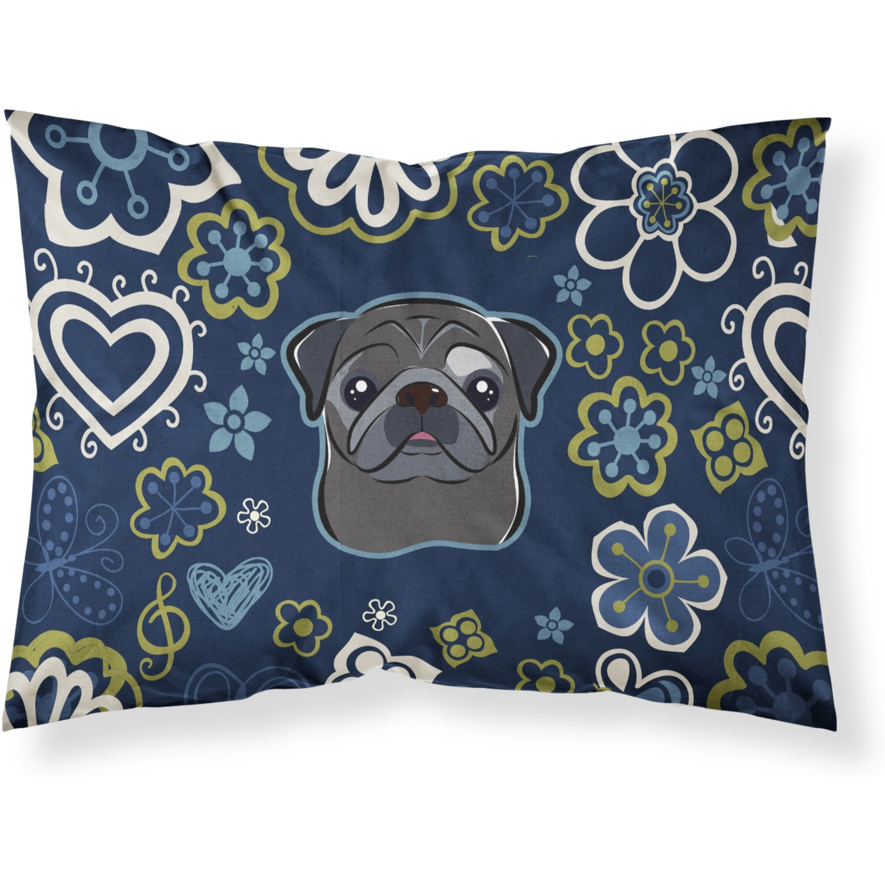 Blue Flowers Black Pug Fabric Standard Pillowcase