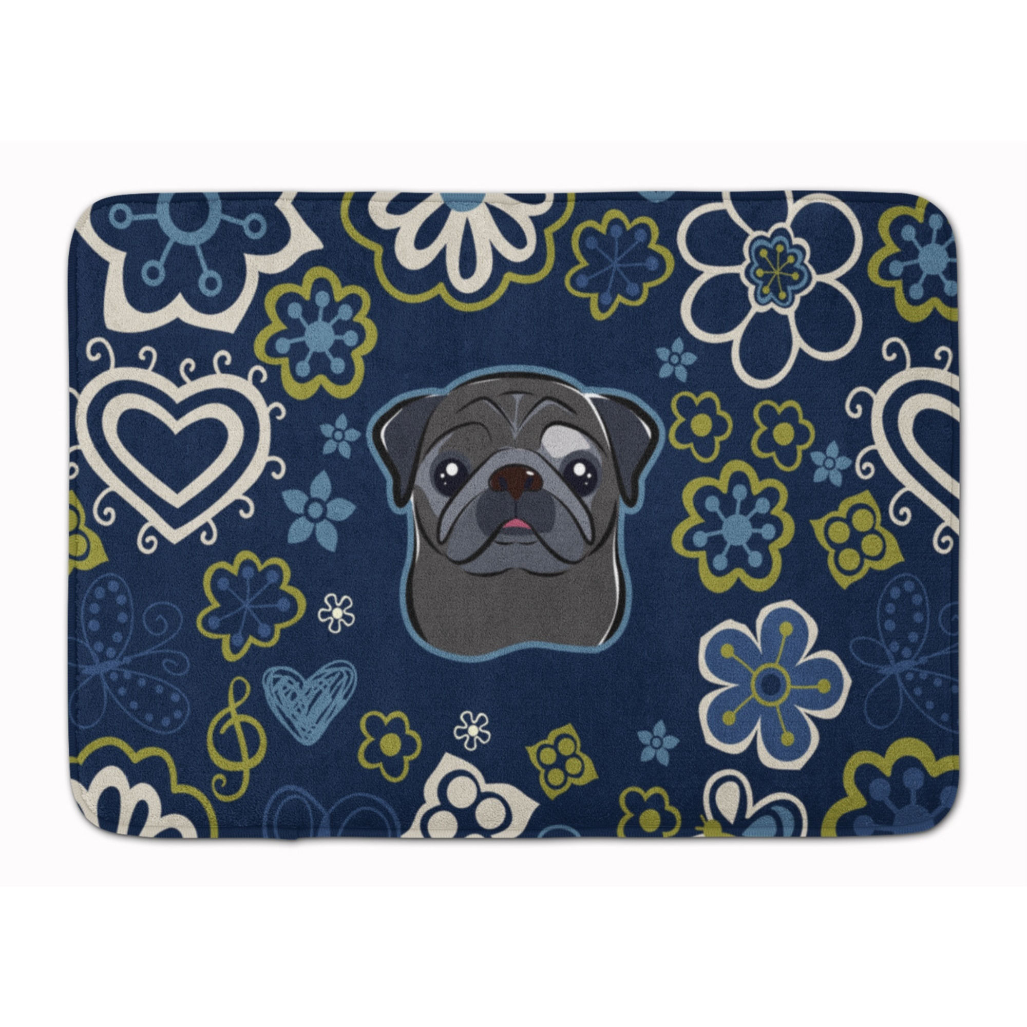 &quotCaroline's Treasures Blue Flowers Black Pug Floor Mat, 19"" x 27"", Multicolor"