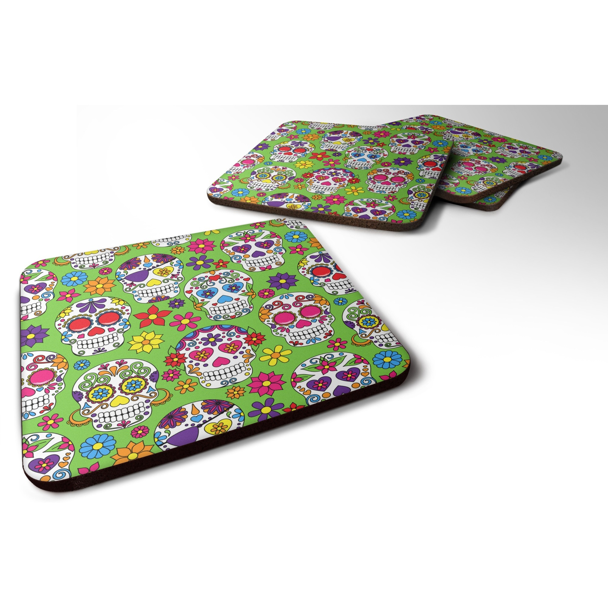 &quotCaroline's Treasures Day of The Dead green Foam Coaster Set of 4, 3.5, Multicolor"