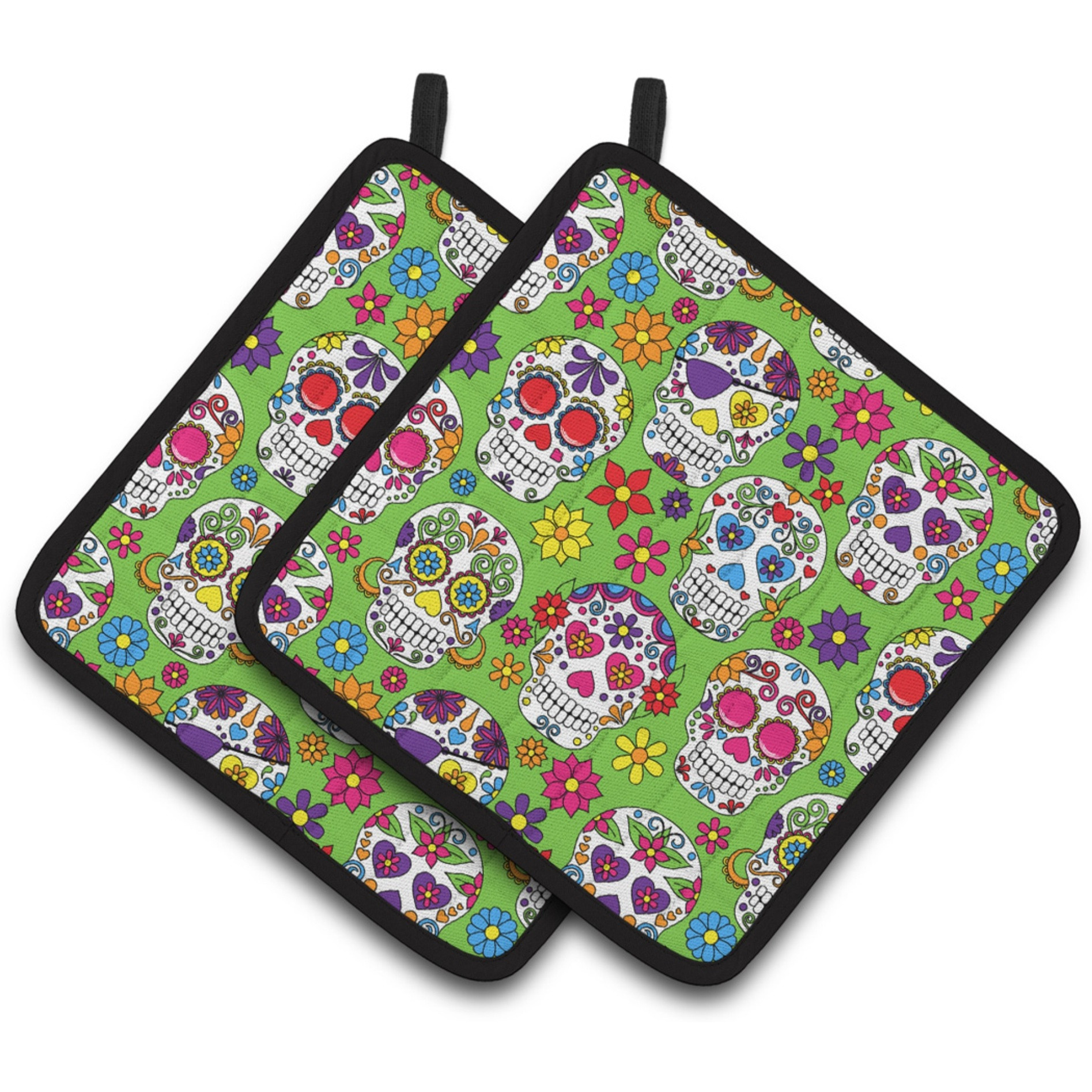 &quotCaroline's Treasures Day of The Dead green Pair of Pot Holders, 7.5HX7.5W, Multicolor"
