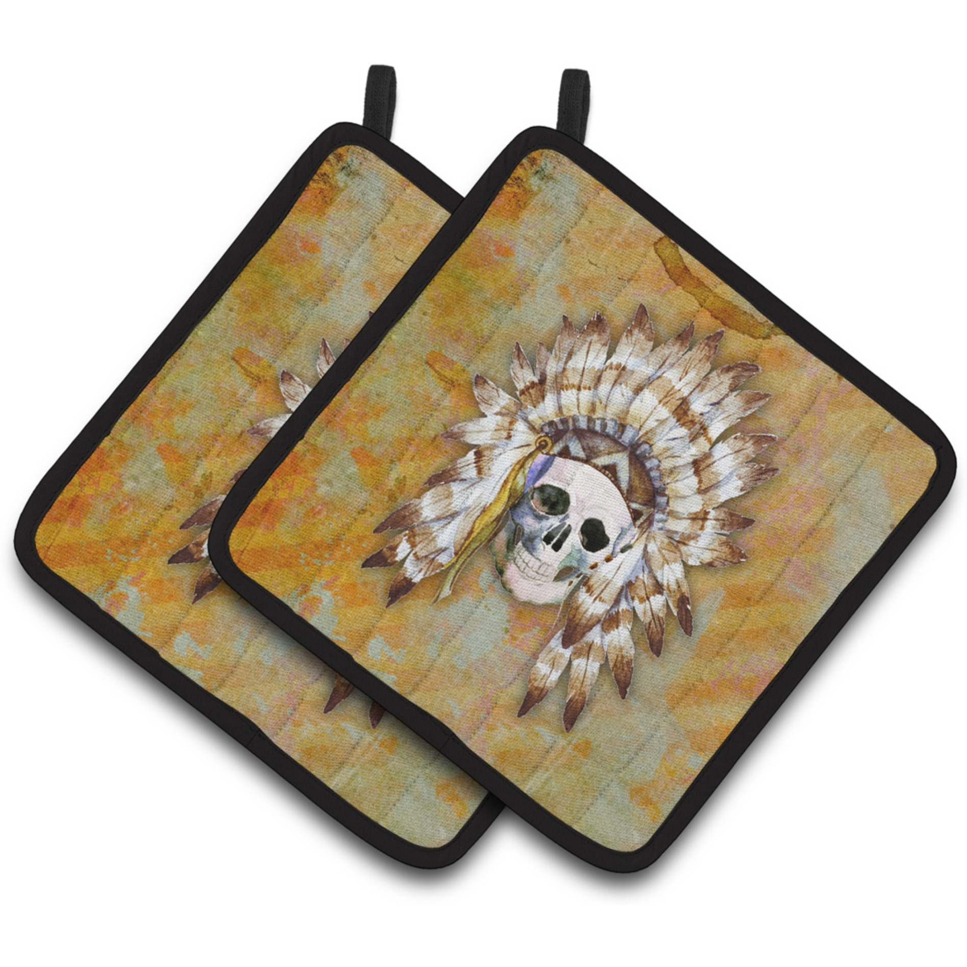 &quotCaroline's Treasures Day of The Dead Indian Skull Pair of Pot Holders, 7.5HX7.5W, Multicolor"