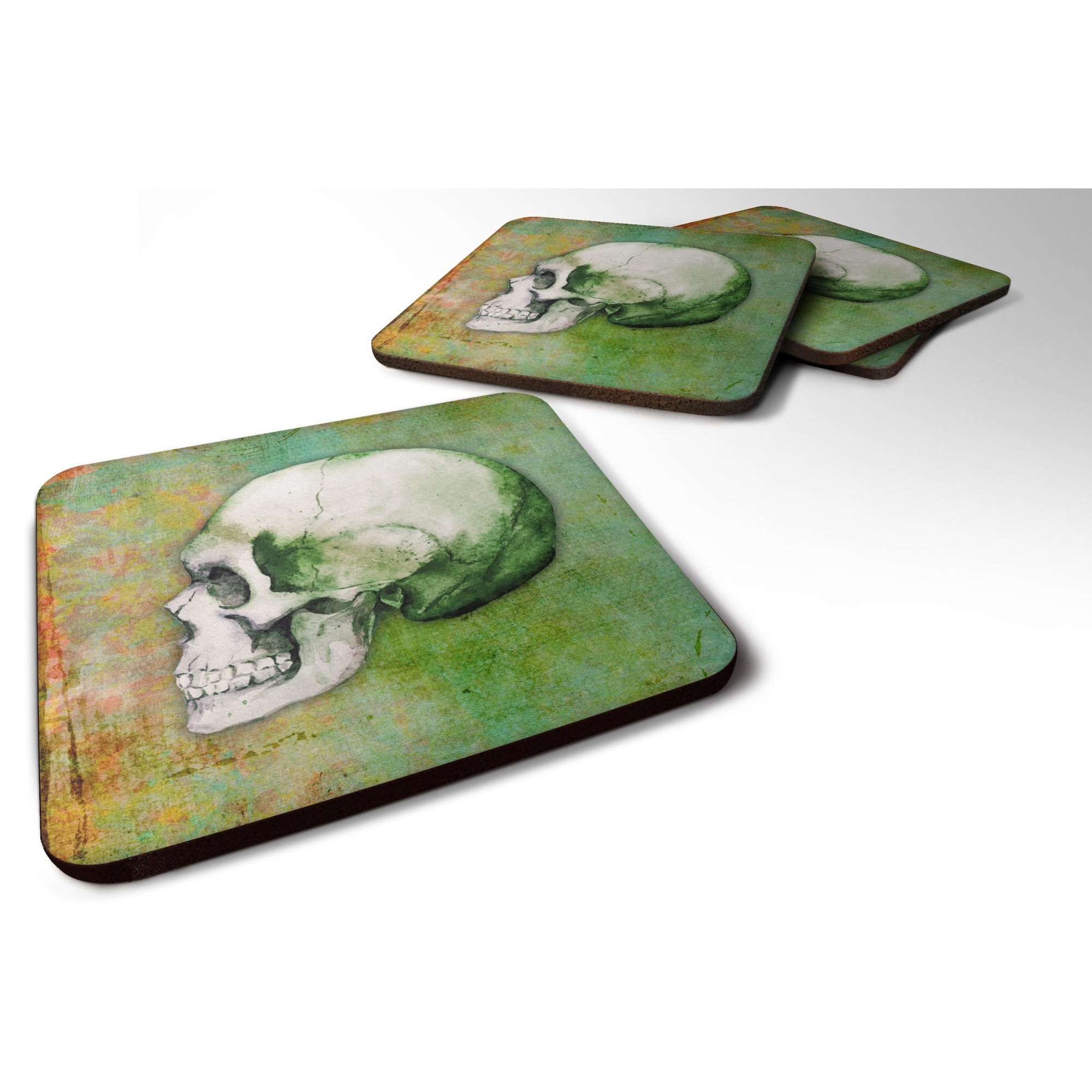 &quotCaroline's Treasures Day of The Dead green Skull Foam Coaster Set of 4, 3.5, Multicolor"