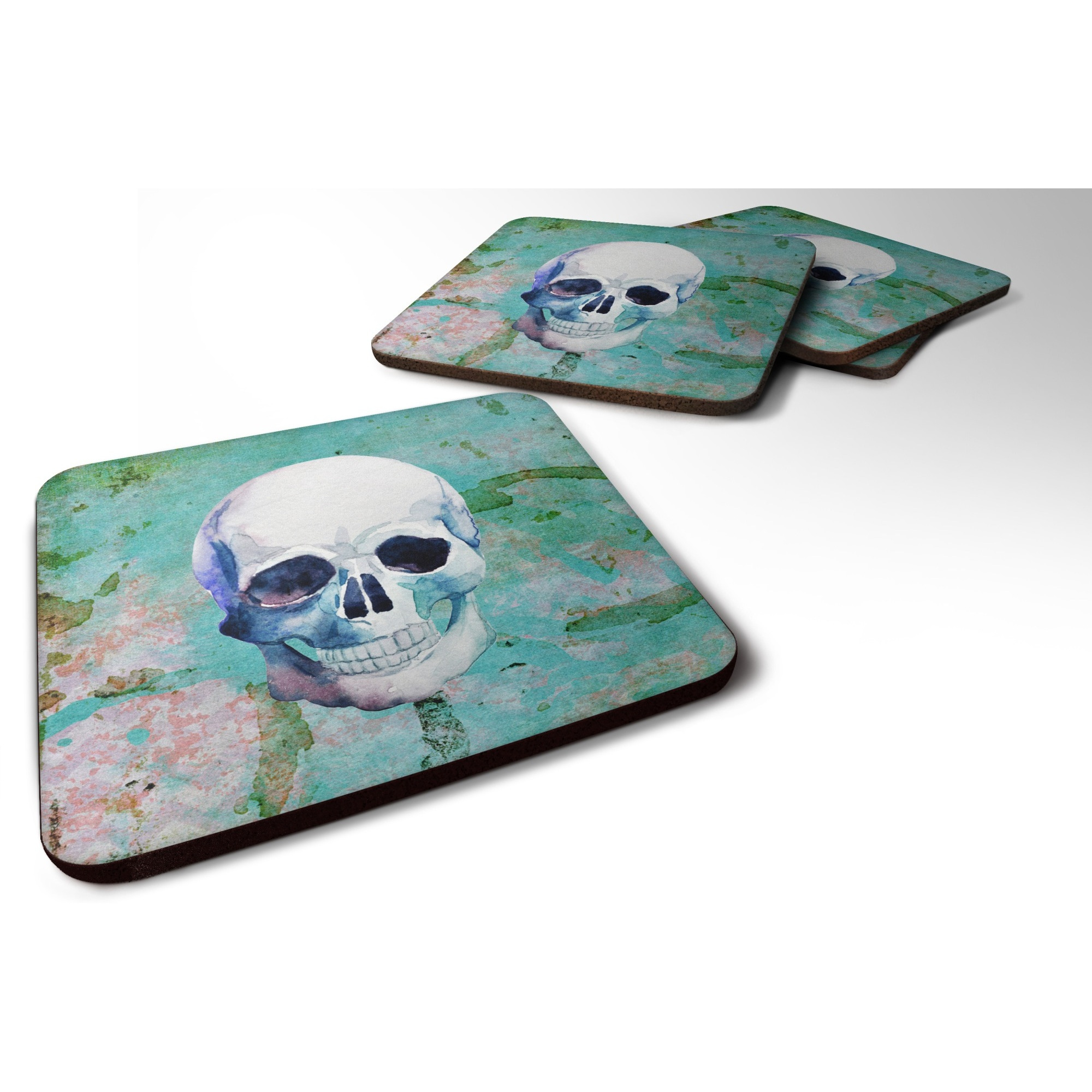 &quotCaroline's Treasures Day of The Dead Teal Skull Foam Coaster Set of 4, 3.5, Multicolor"